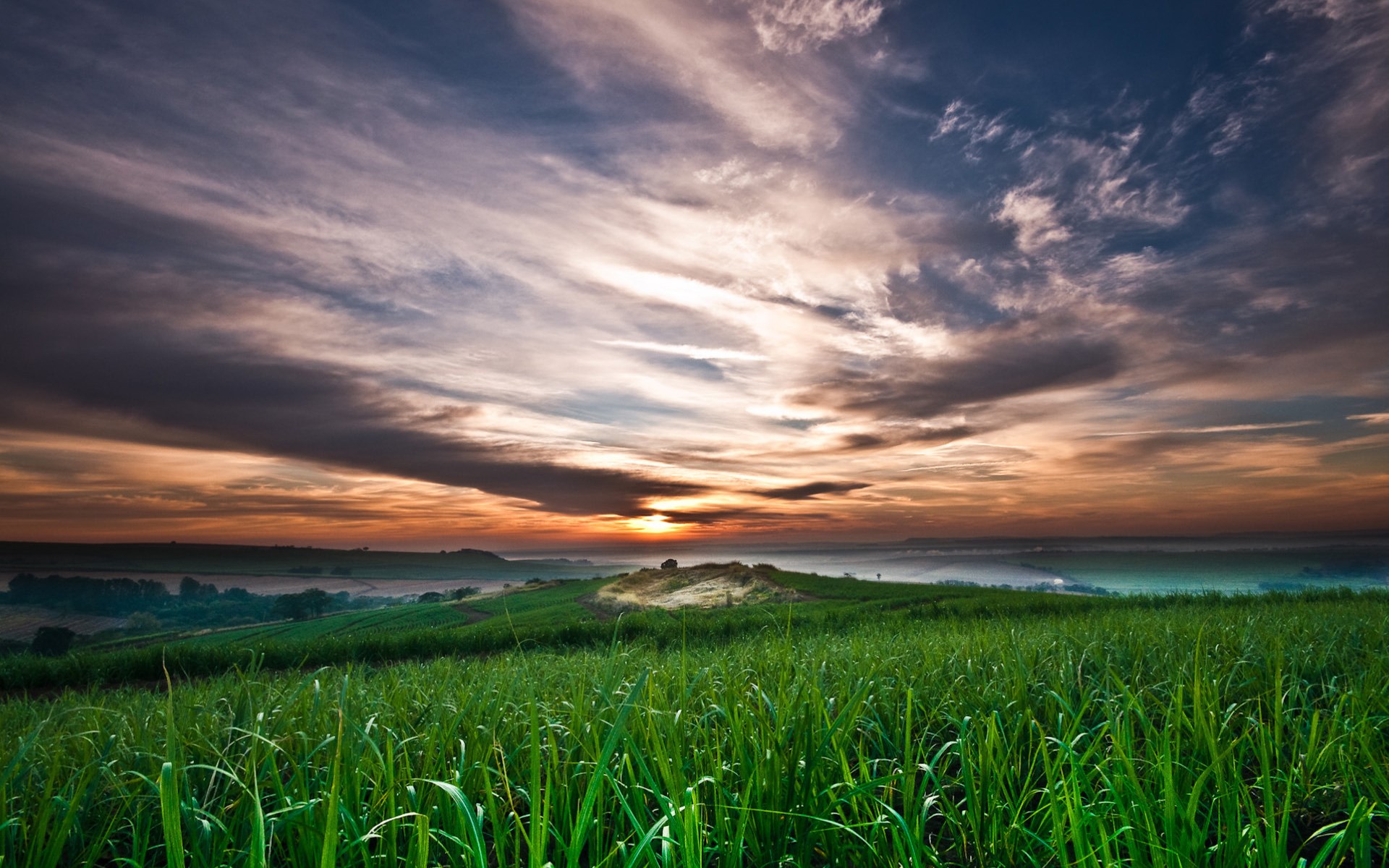 Sunrise over a green field with dramatic clouds HD Wallpaper