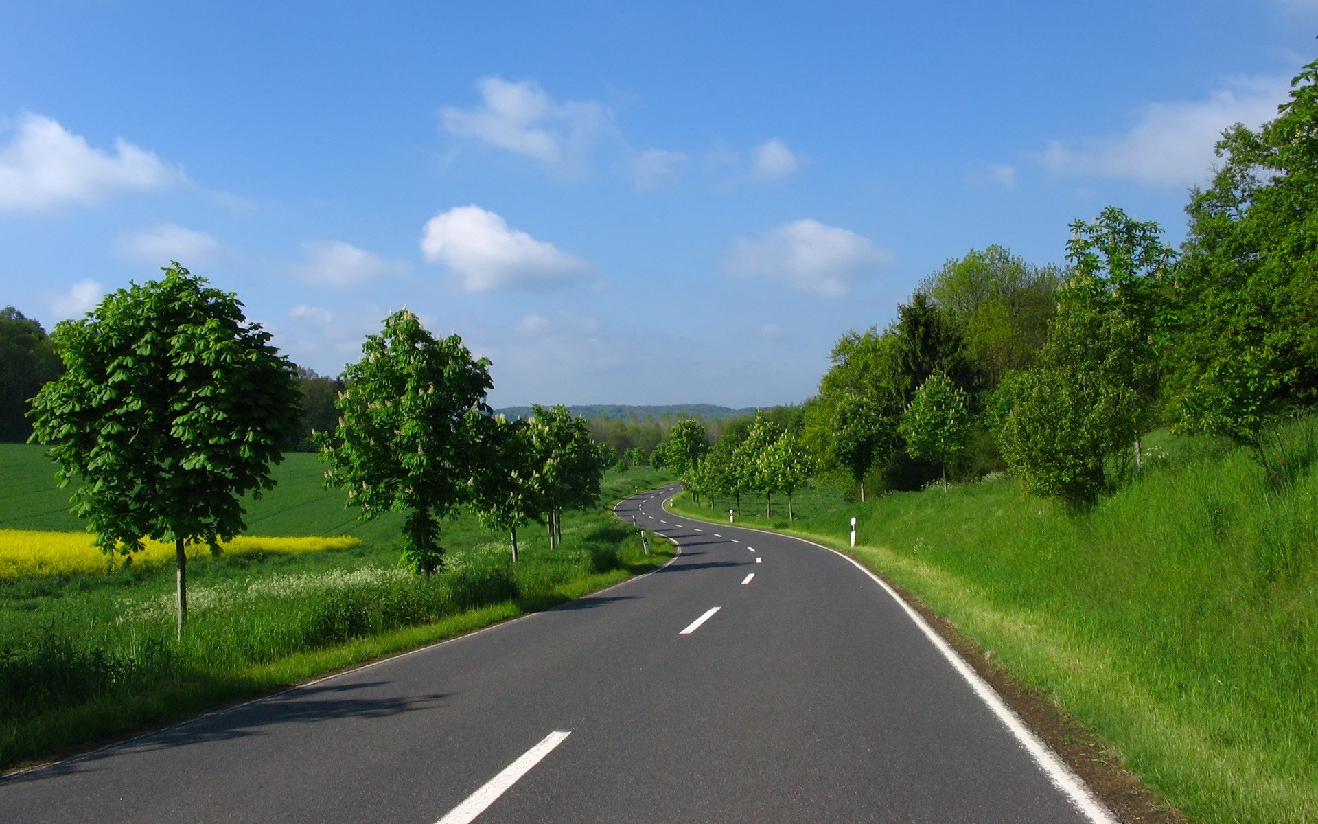 Winding road through green countryside under blue sky HD Wallpaper