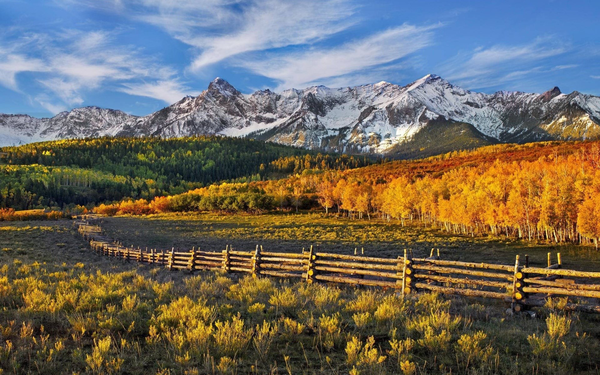 Autumn mountains with a wooden fence HD Wallpaper