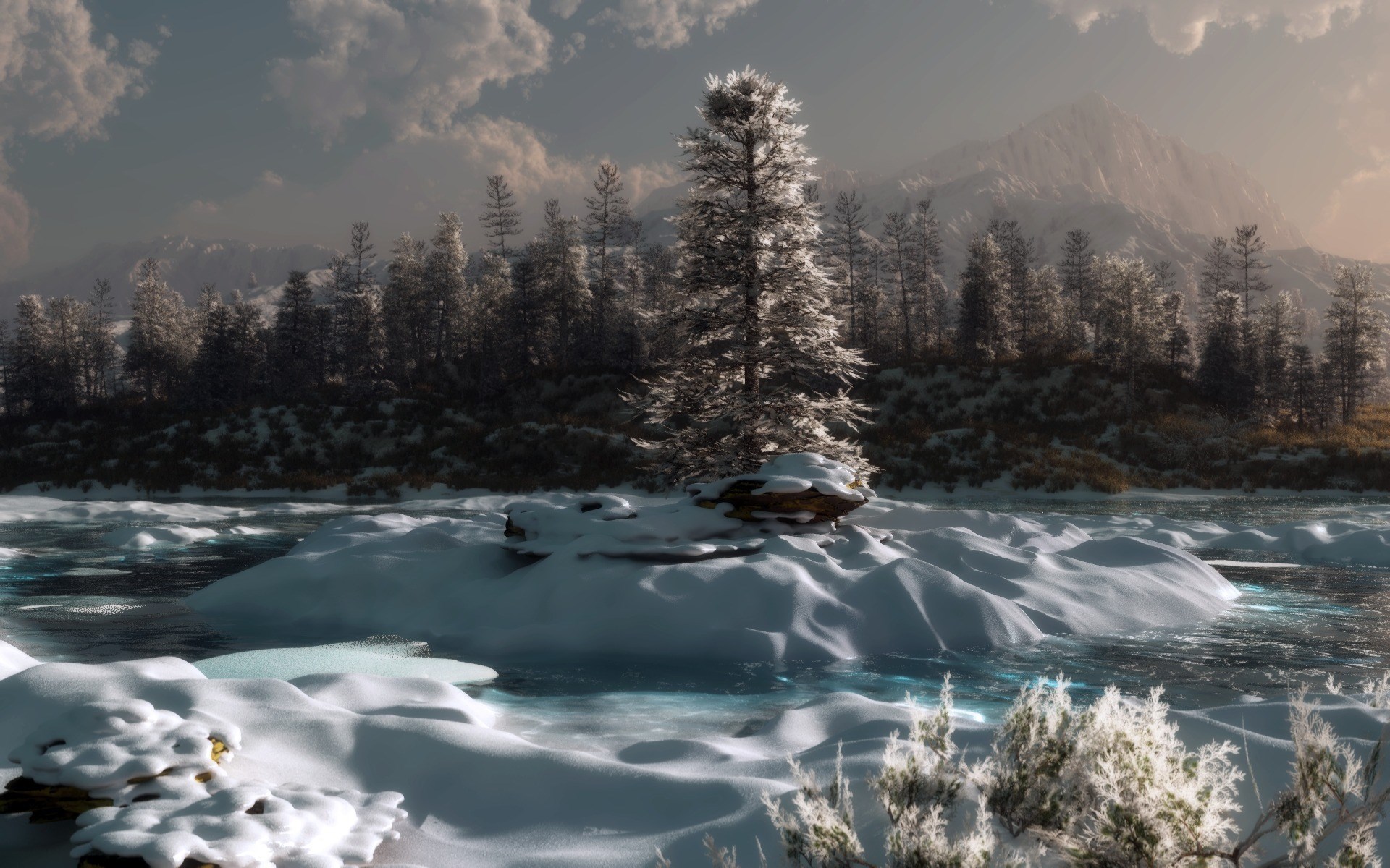 Winter landscape with snow-covered trees and mountains HD Wallpaper