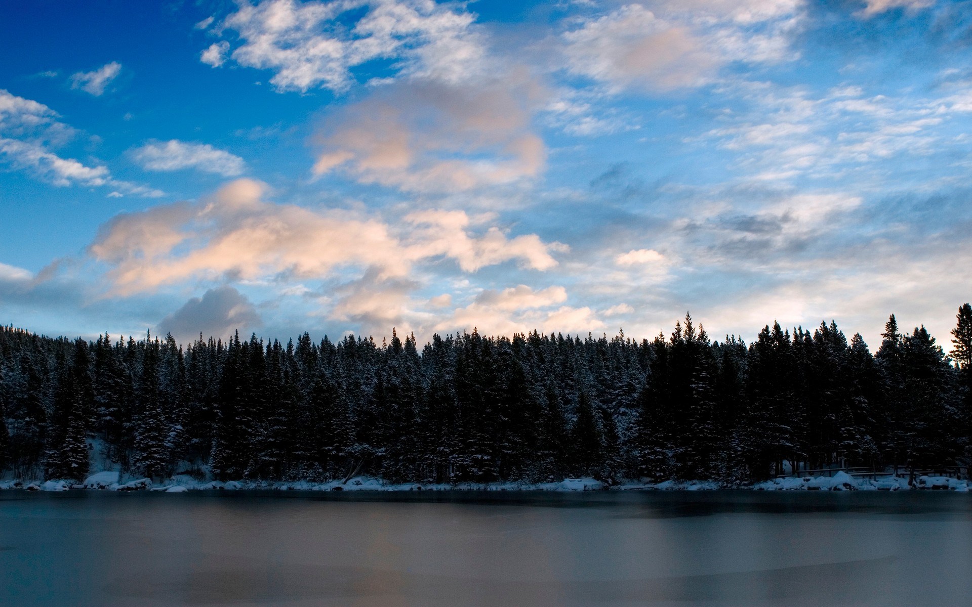Winter forest and lake under cloudy sky HD Wallpaper