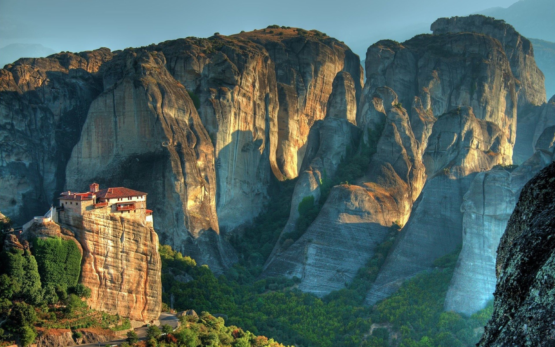 Monastery on a cliff in Meteora, Greece HD Wallpaper