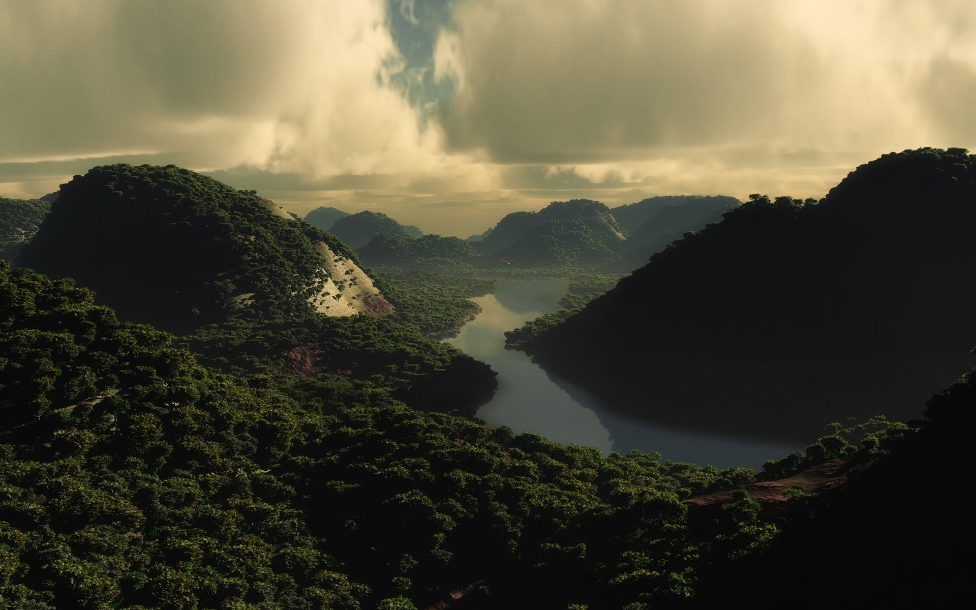 River flowing through a lush, mountainous jungle landscape HD Wallpaper