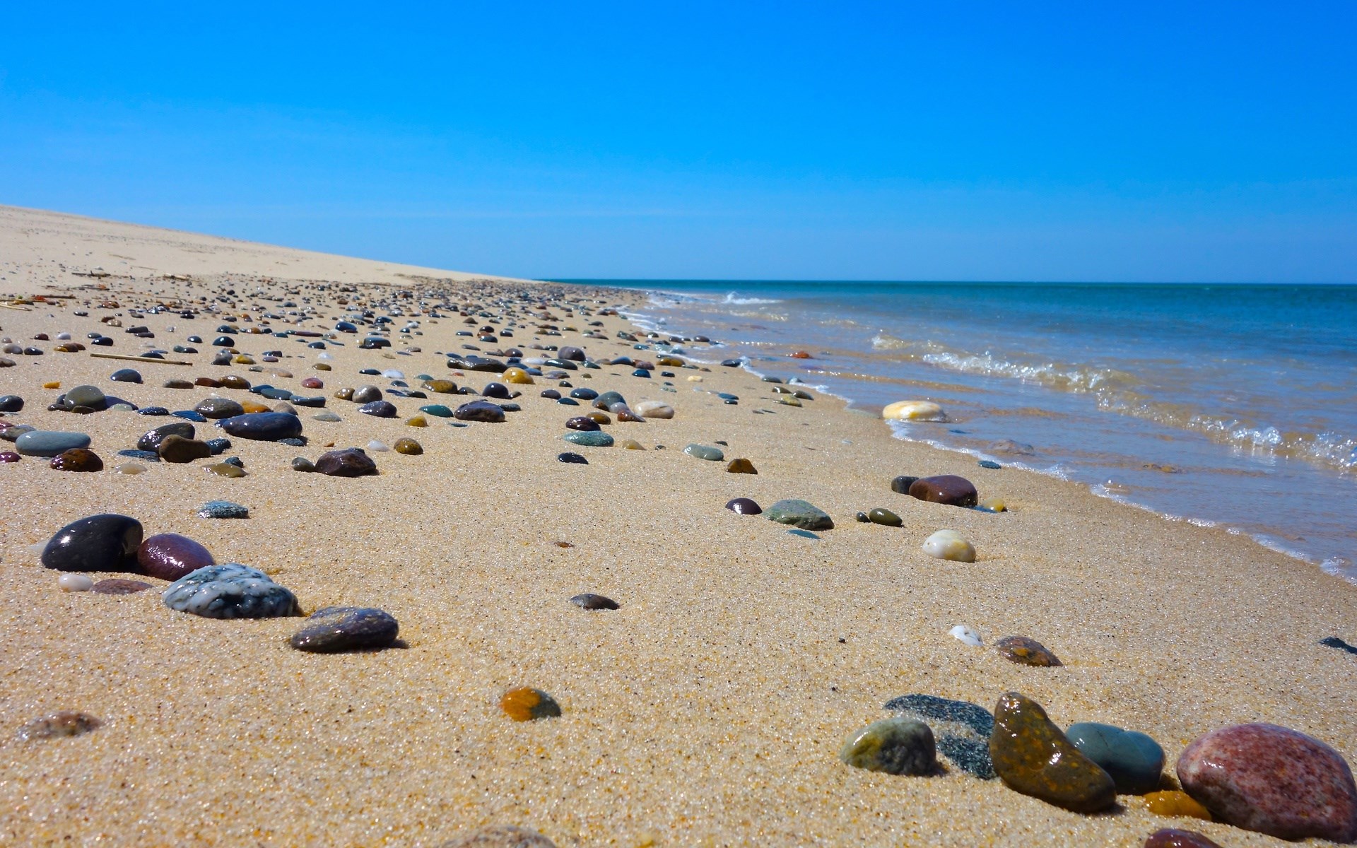 Pebble beach with ocean and blue sky HD Wallpaper