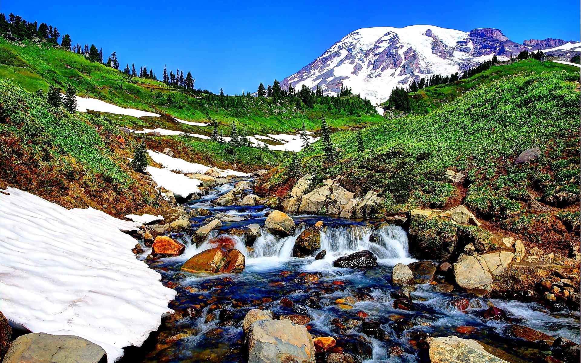 Mountain stream flowing through a meadow with snow patches and a snow-capped mountain HD Wallpaper