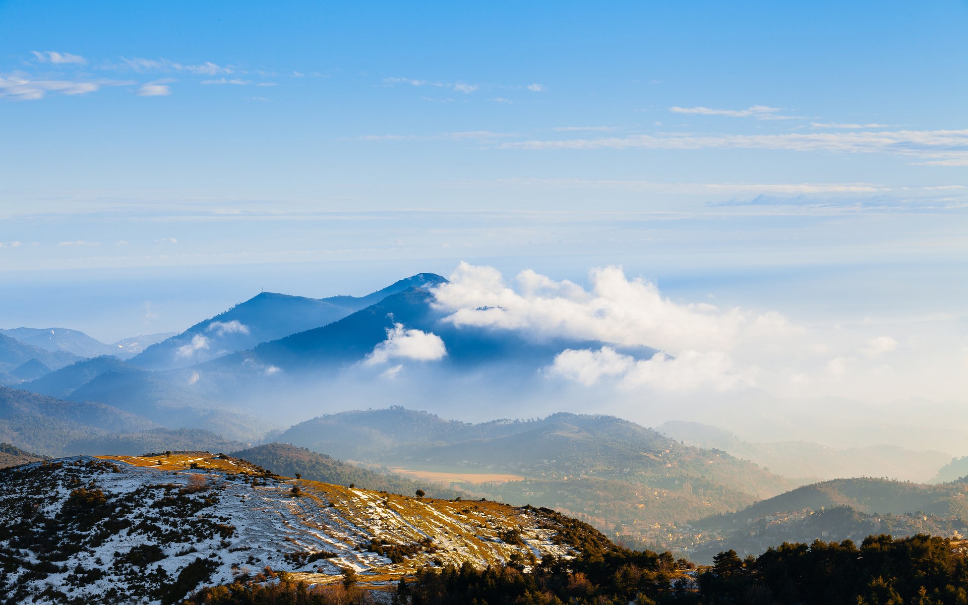 Mountain landscape with clouds and snow HD Wallpaper