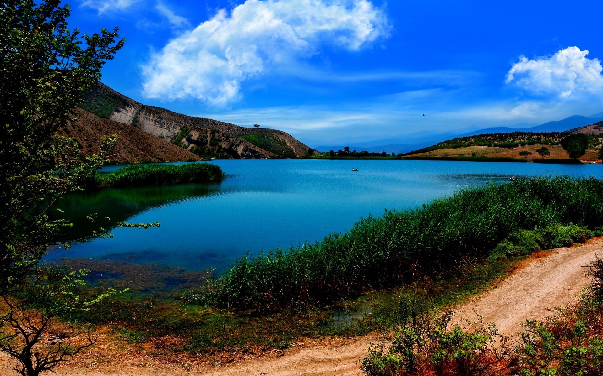 A scenic lake with mountains and reeds under a blue sky HD Wallpaper