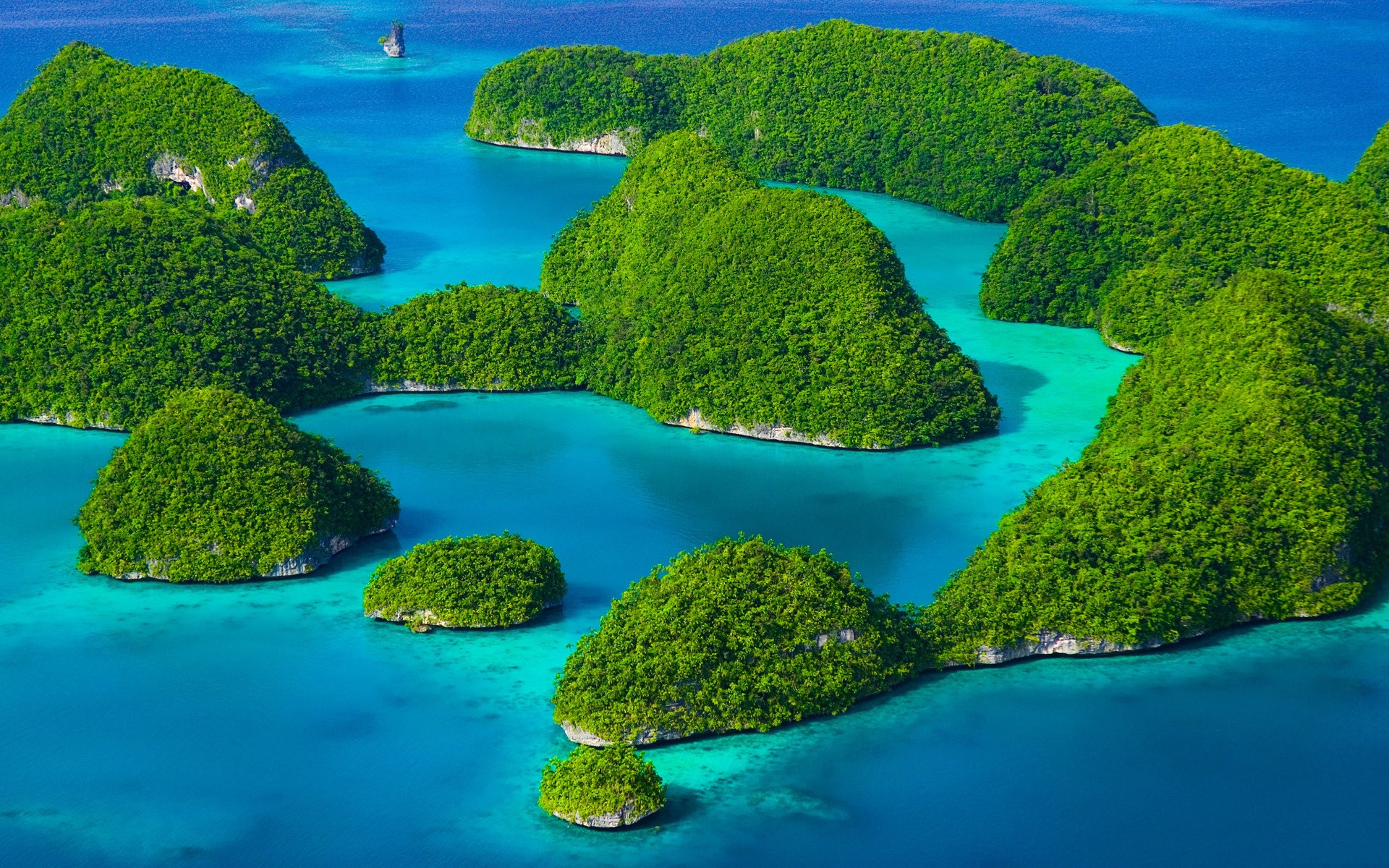 Green islands in turquoise water HD Wallpaper