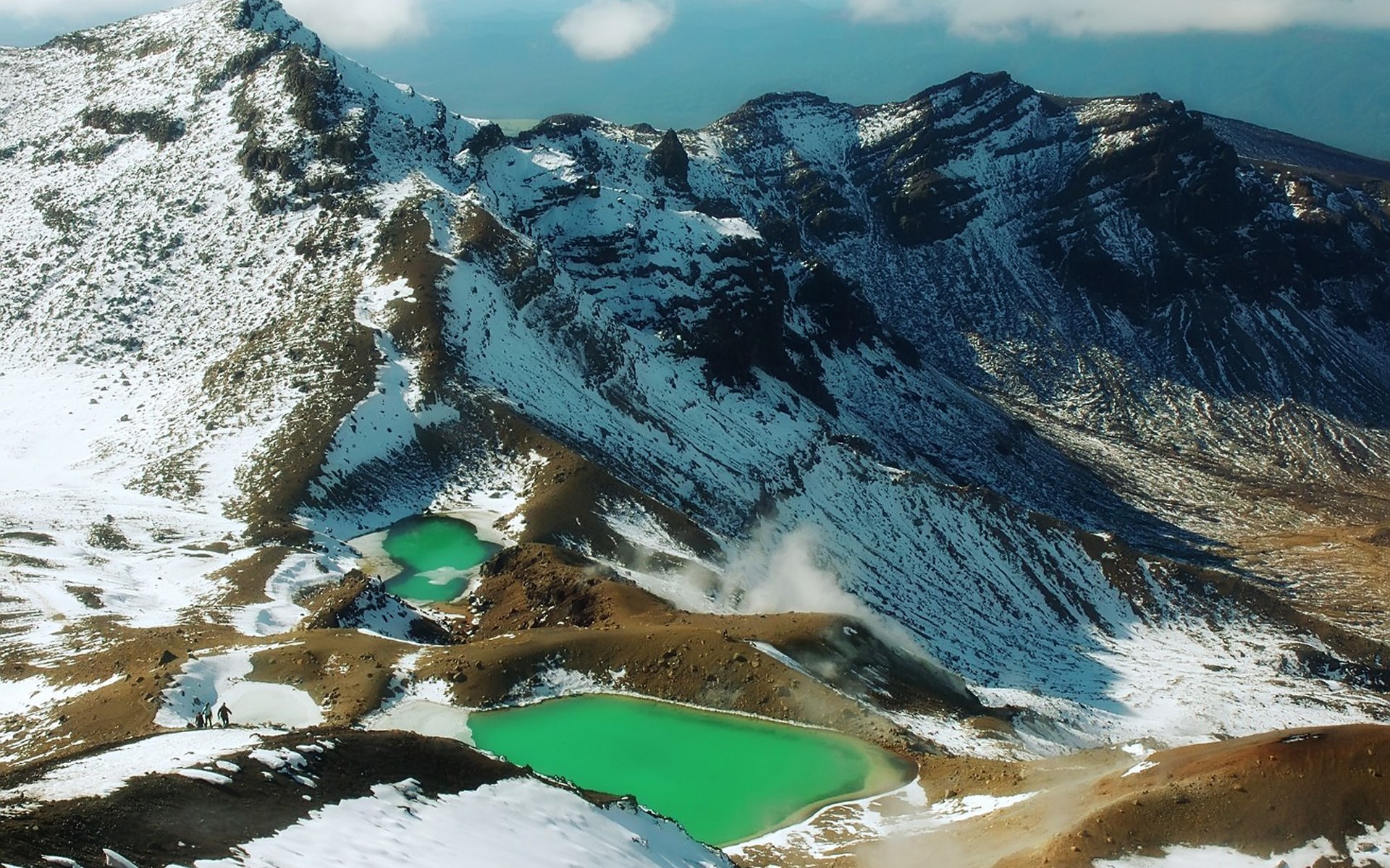 Emerald Lakes in a Snowy Mountain Landscape HD Wallpaper