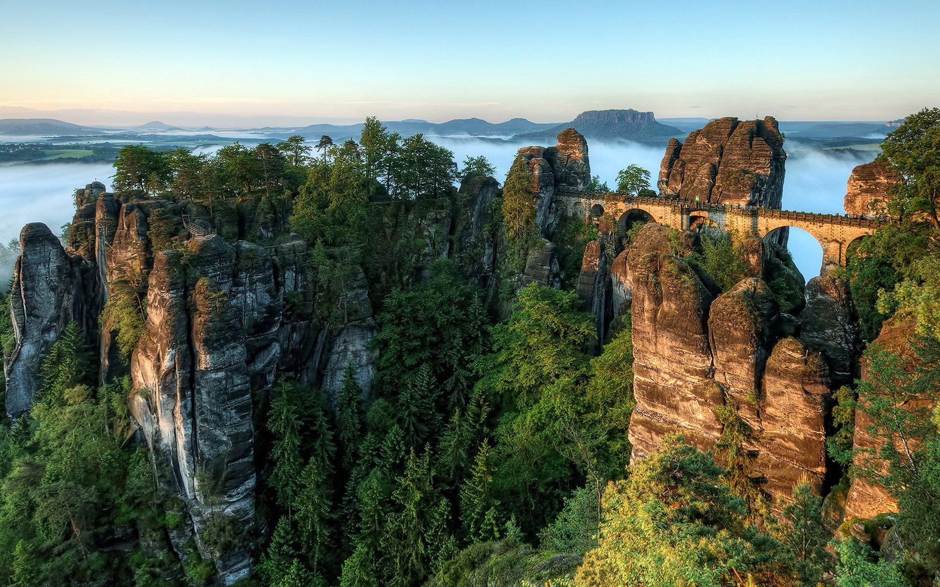 Bastei Bridge over sandstone rocks in Saxon Switzerland HD Wallpaper