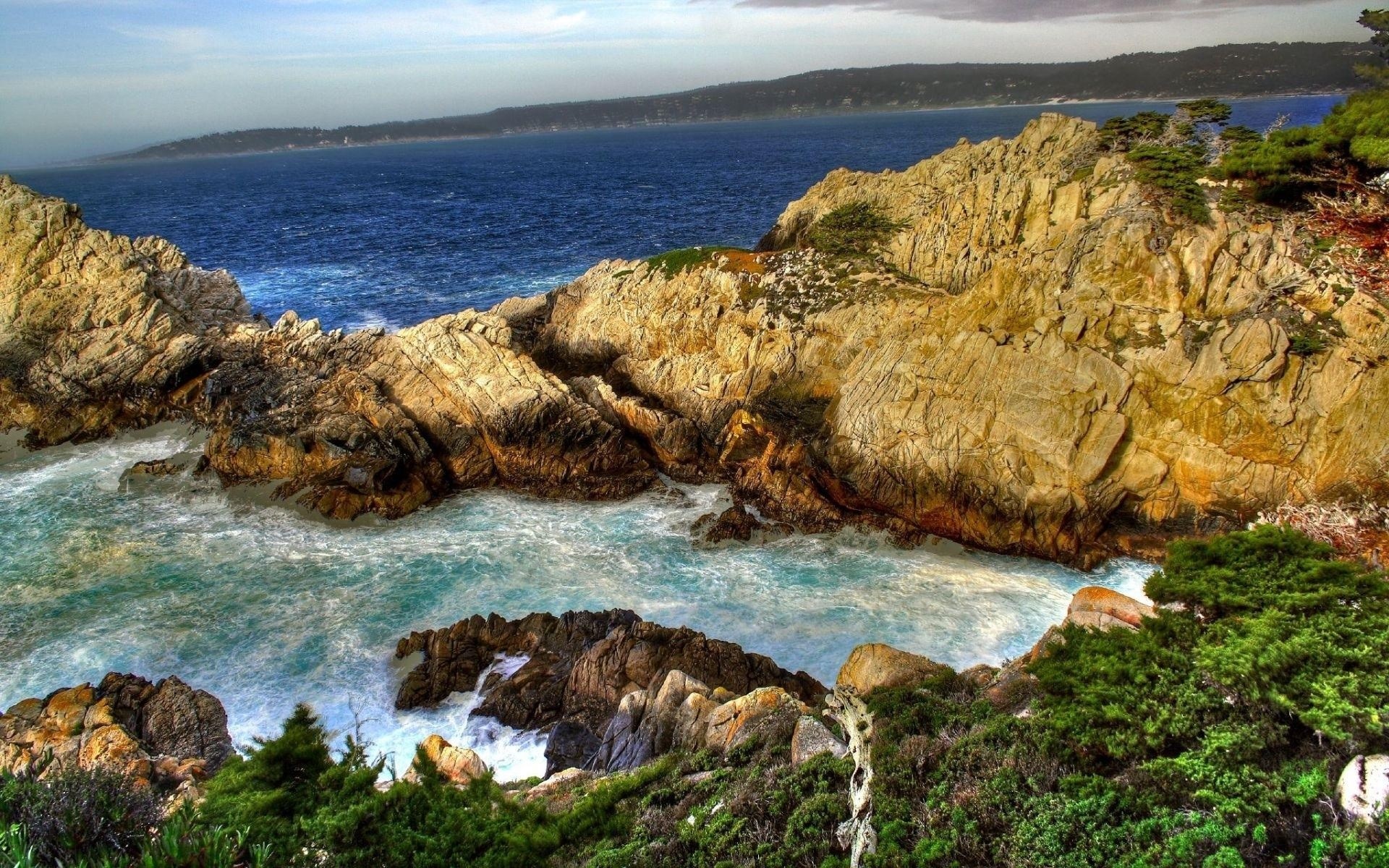 Rocky coastline with waves crashing and trees HD Wallpaper