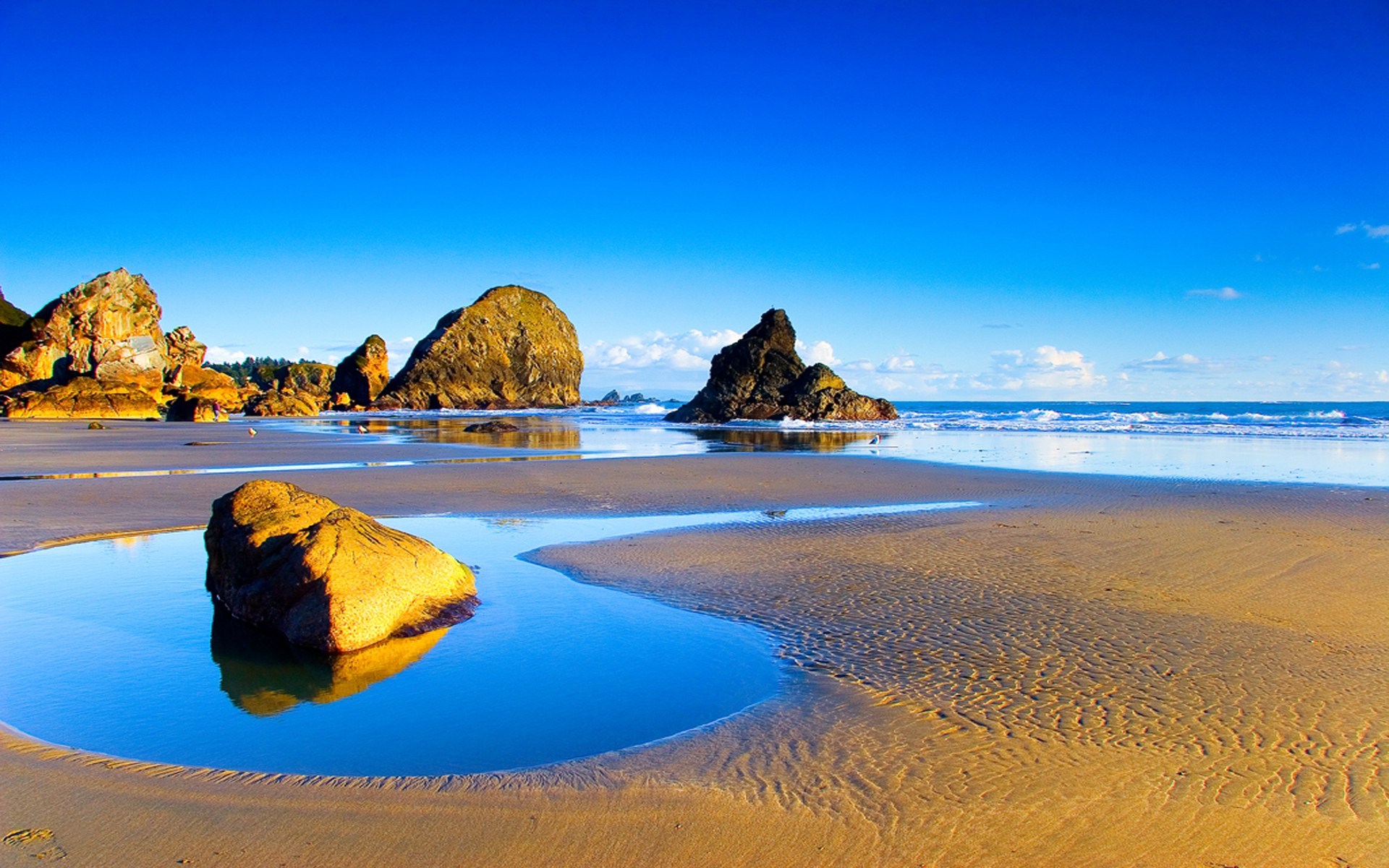 Rocky beach with tide pools and ocean waves HD Wallpaper