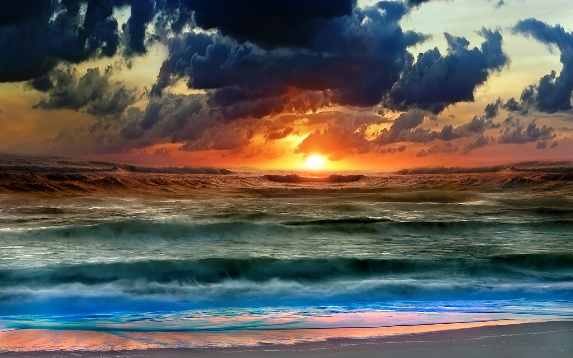 Sunset over stormy ocean waves HD Wallpaper