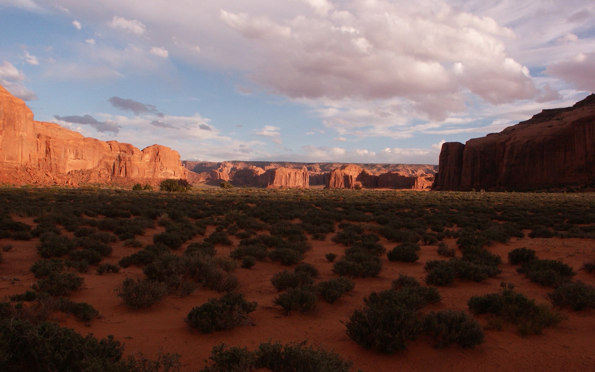 Monument Valley landscape with red rock formations and desert plants HD Wallpaper