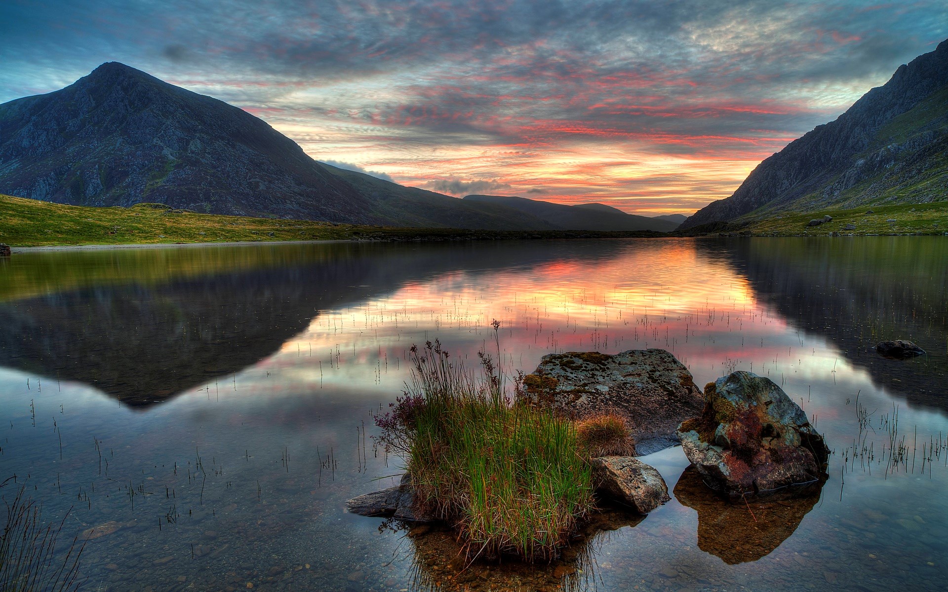 Mountain lake at sunset with colorful sky reflection HD Wallpaper