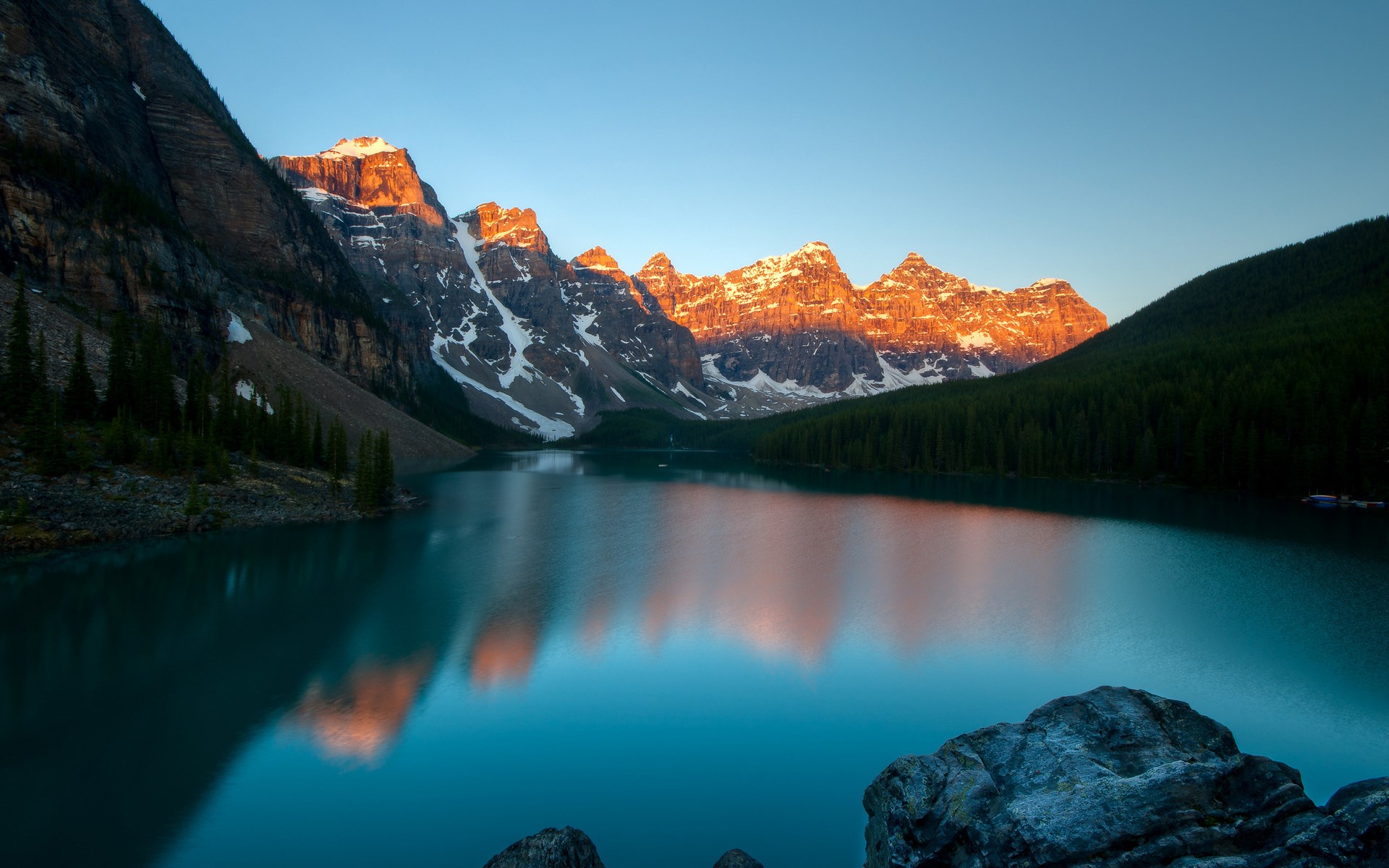 Moraine Lake at sunrise with snow-capped mountains HD Wallpaper