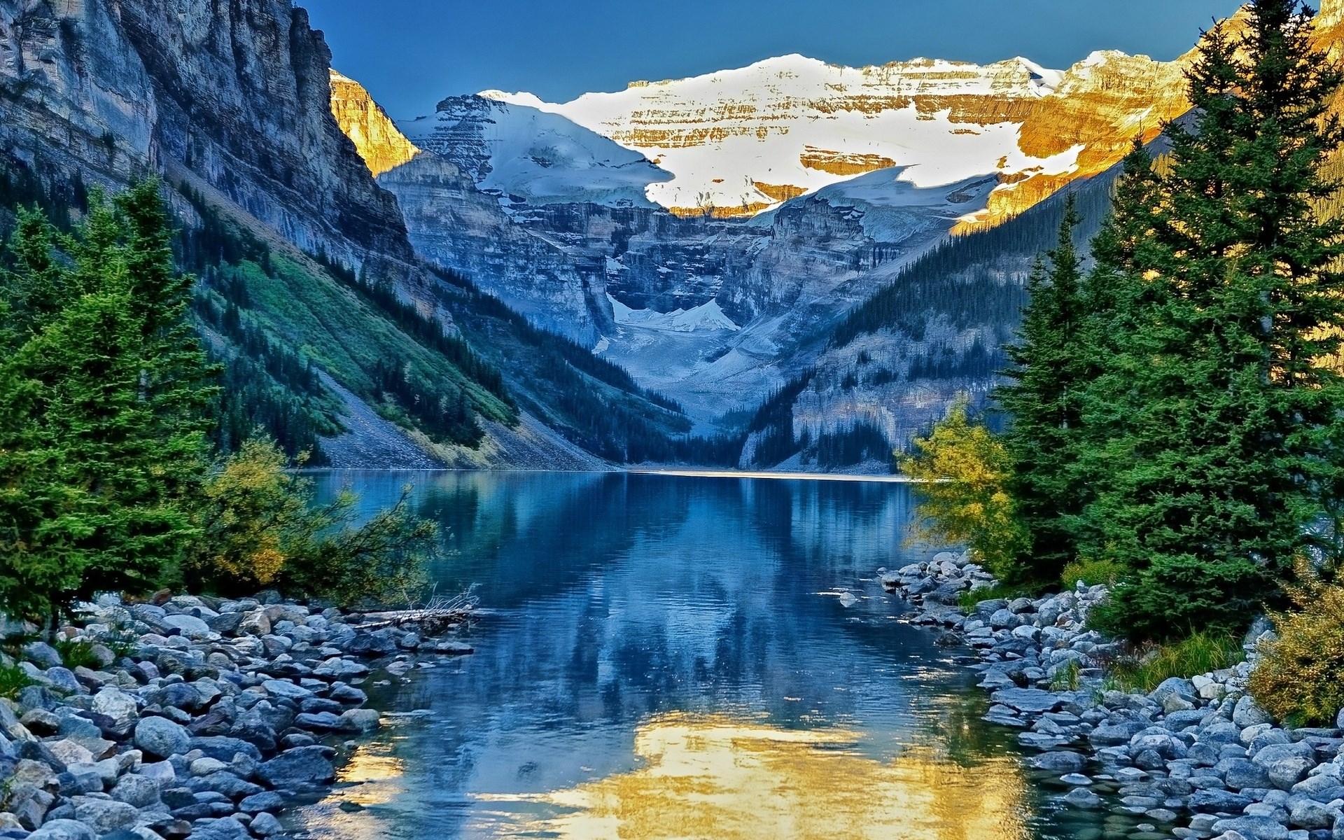 Lake Louise with Mountains and Trees HD Wallpaper