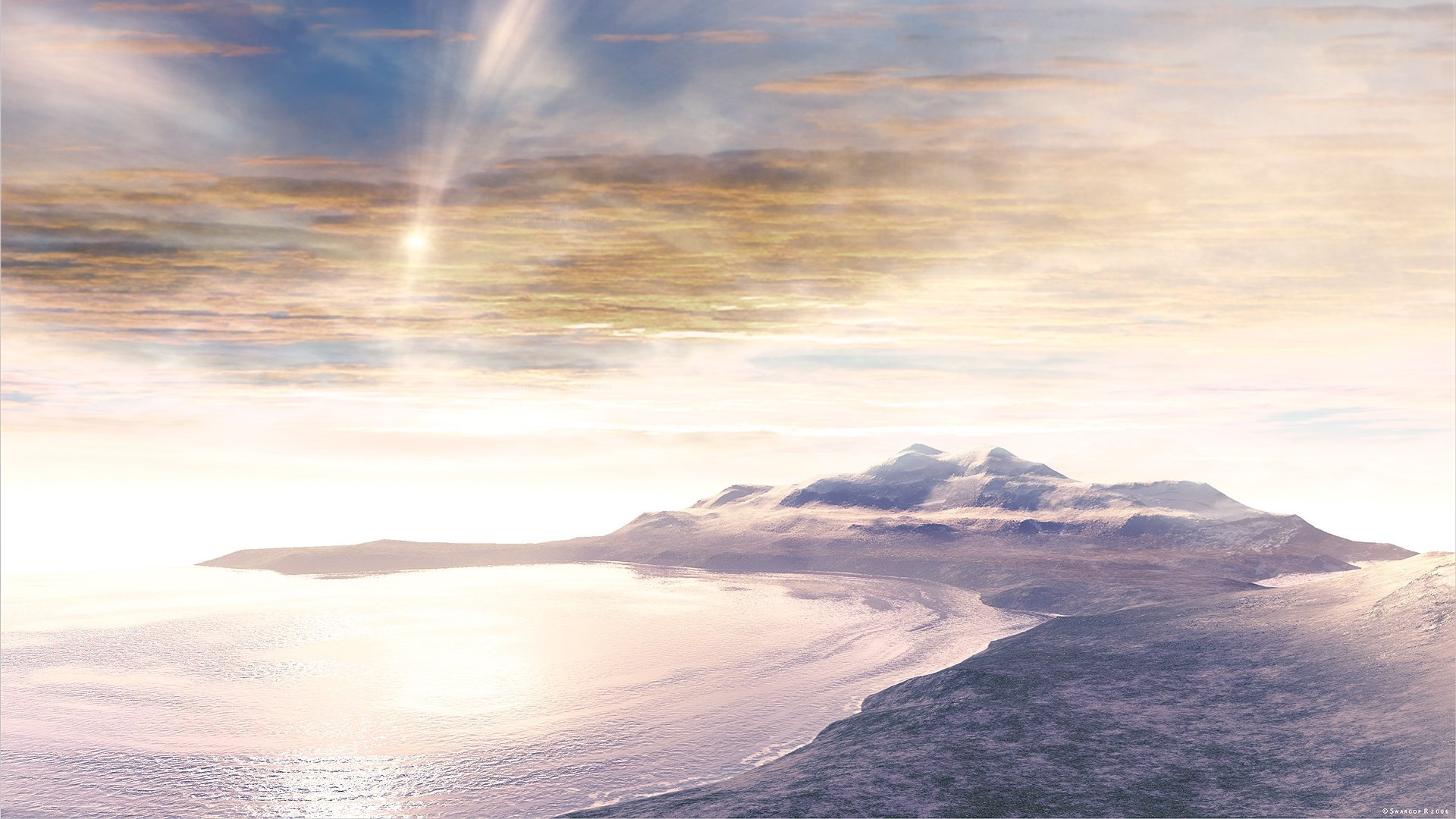 Sunlight over a snowy mountain range and ocean HD Wallpaper