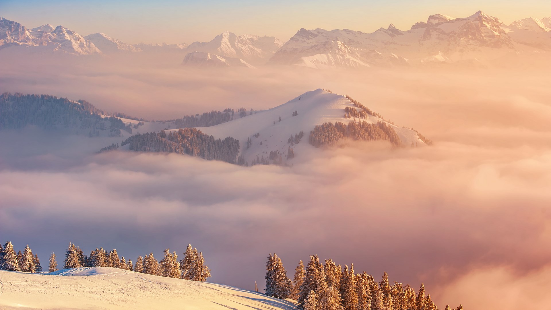 Snow-covered mountains above clouds at sunrise HD Wallpaper