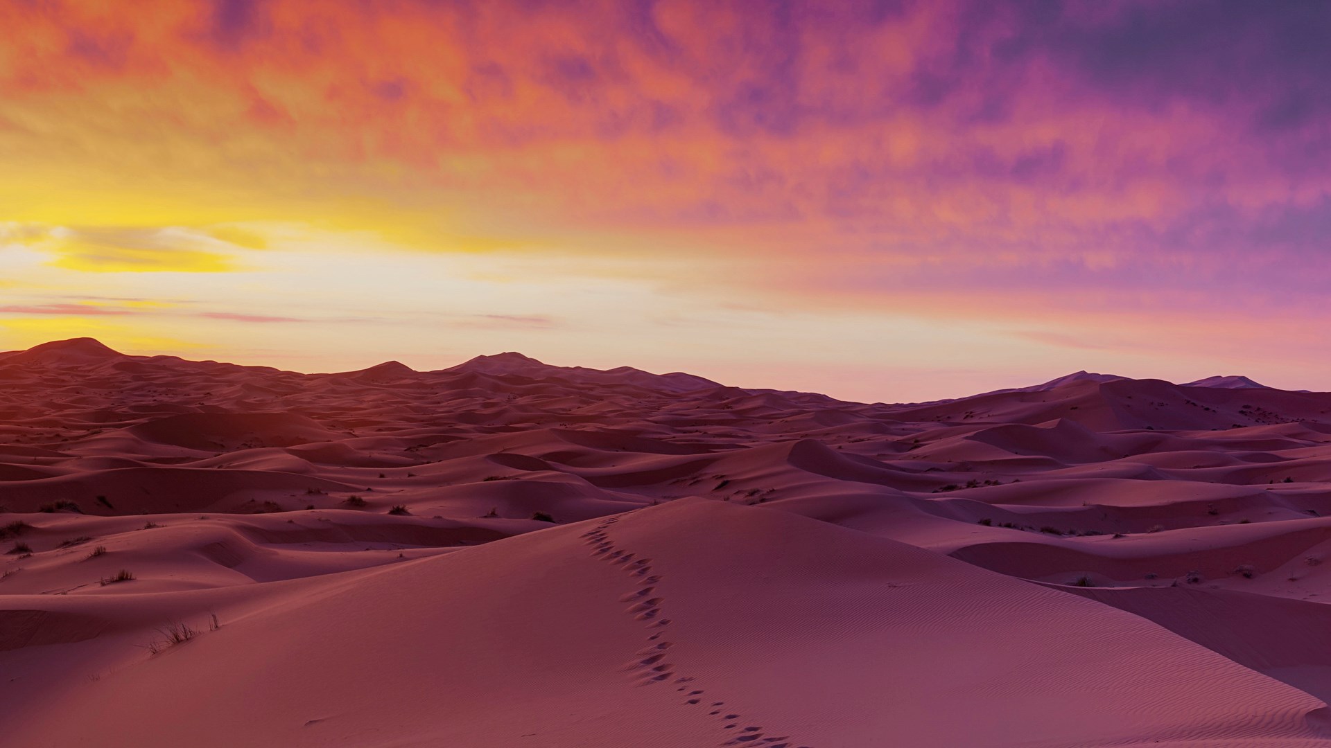 Desert dunes at sunset with colorful sky HD Wallpaper