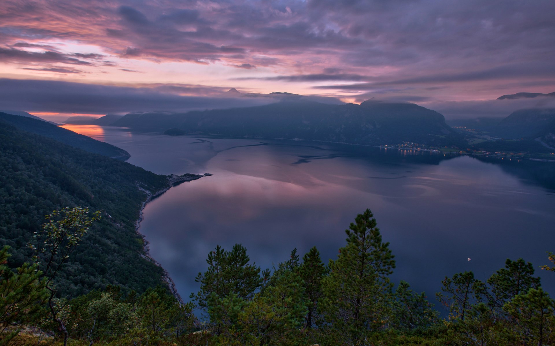 Mountainous Fjord at Sunset with Purple Clouds HD Wallpaper