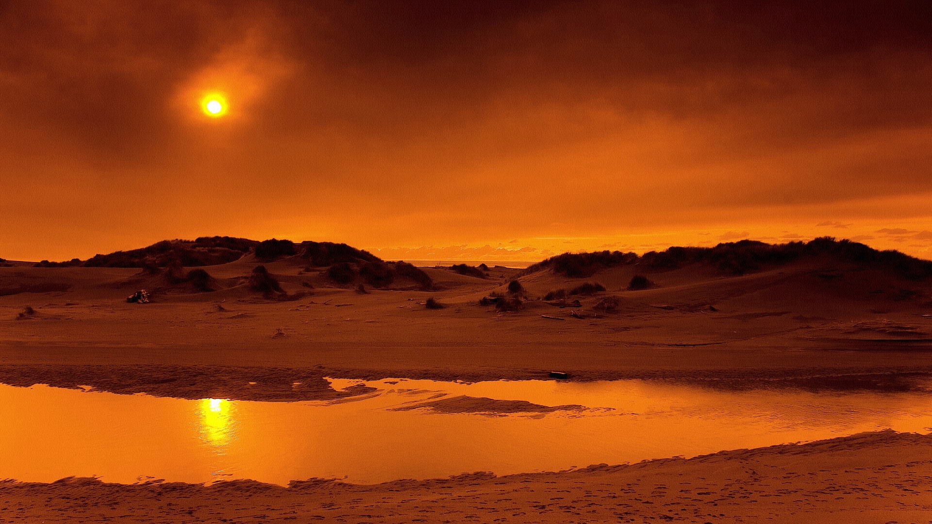 Desert landscape with sun and water reflection HD Wallpaper