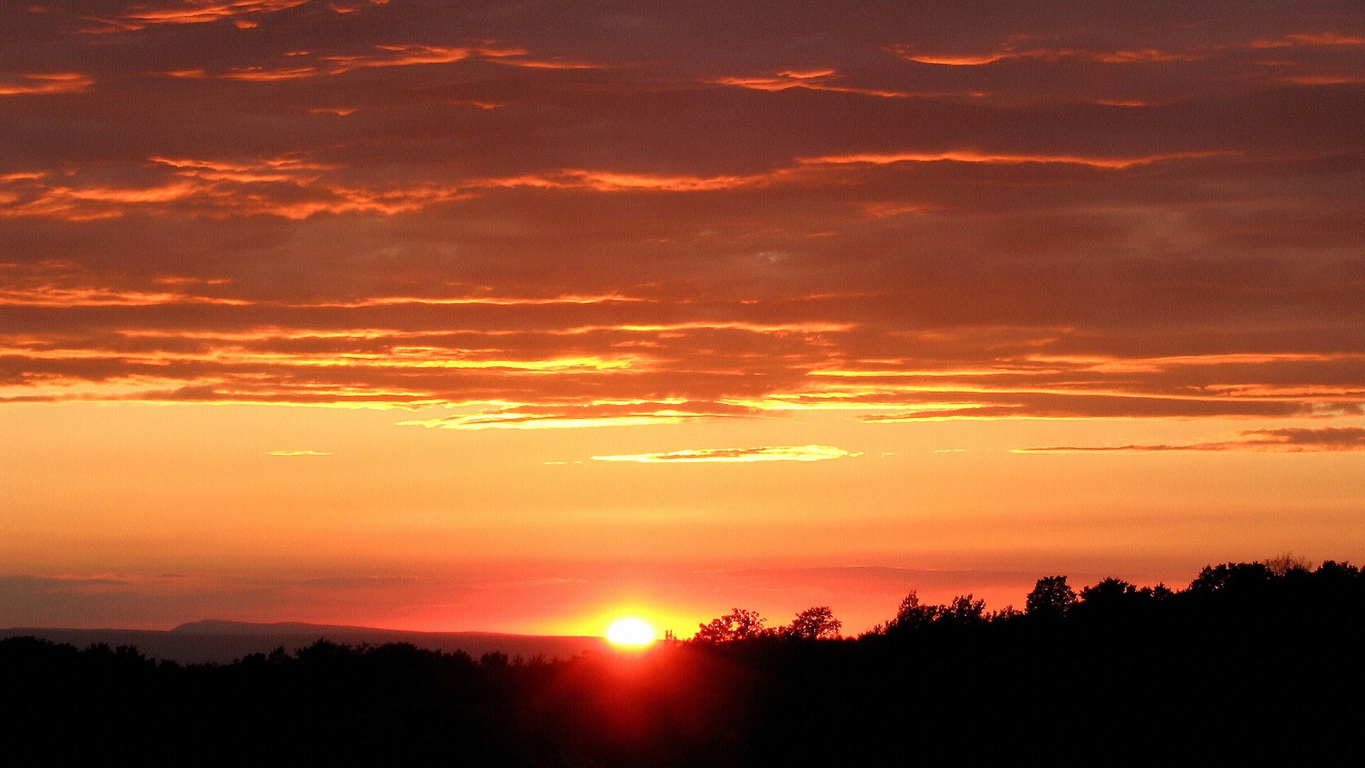 Sunset over a silhouetted forest and distant mountains HD Wallpaper