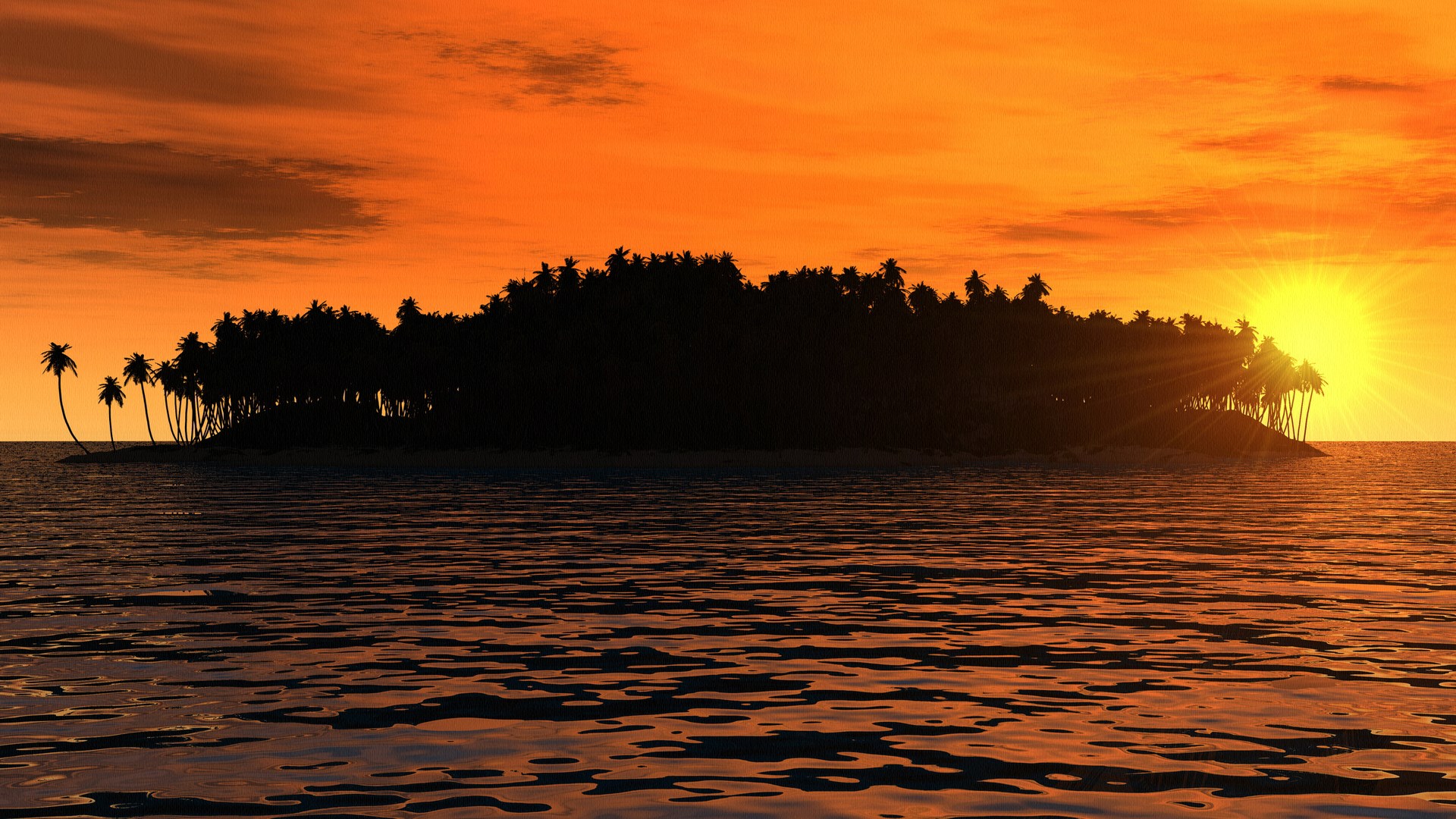 Tropical island silhouette at sunset over the ocean HD Wallpaper