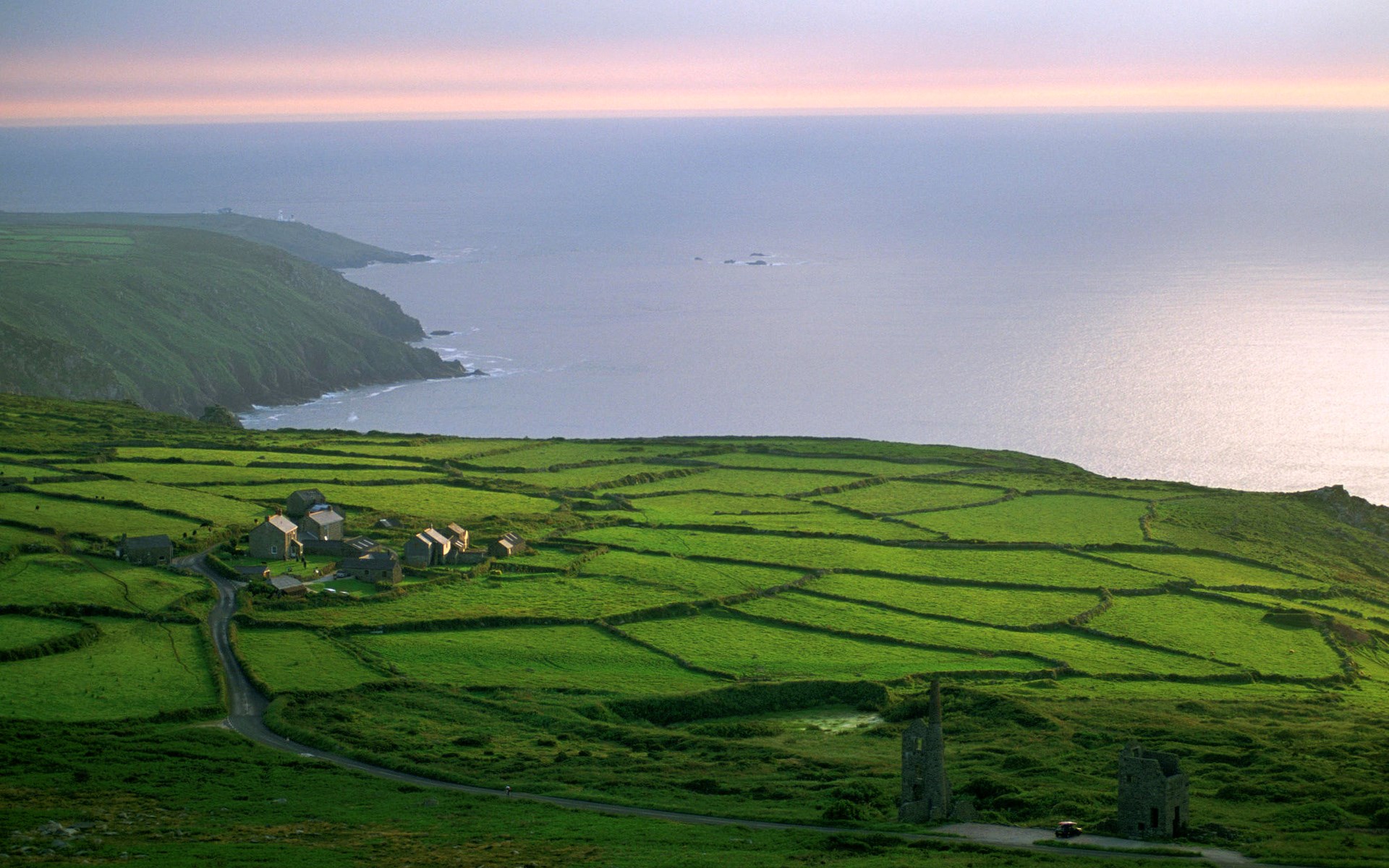 Coastal Farmland with Stone Ruins and Ocean HD Wallpaper
