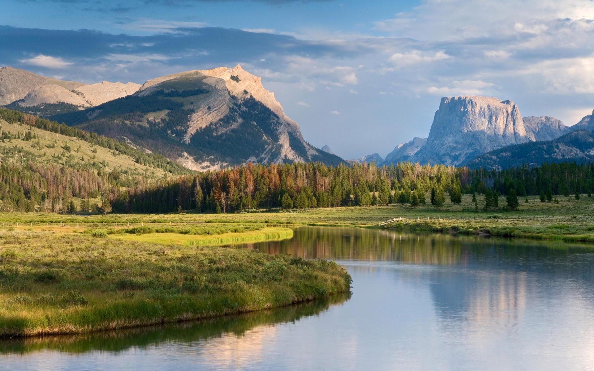River flowing through a valley with mountains HD Wallpaper