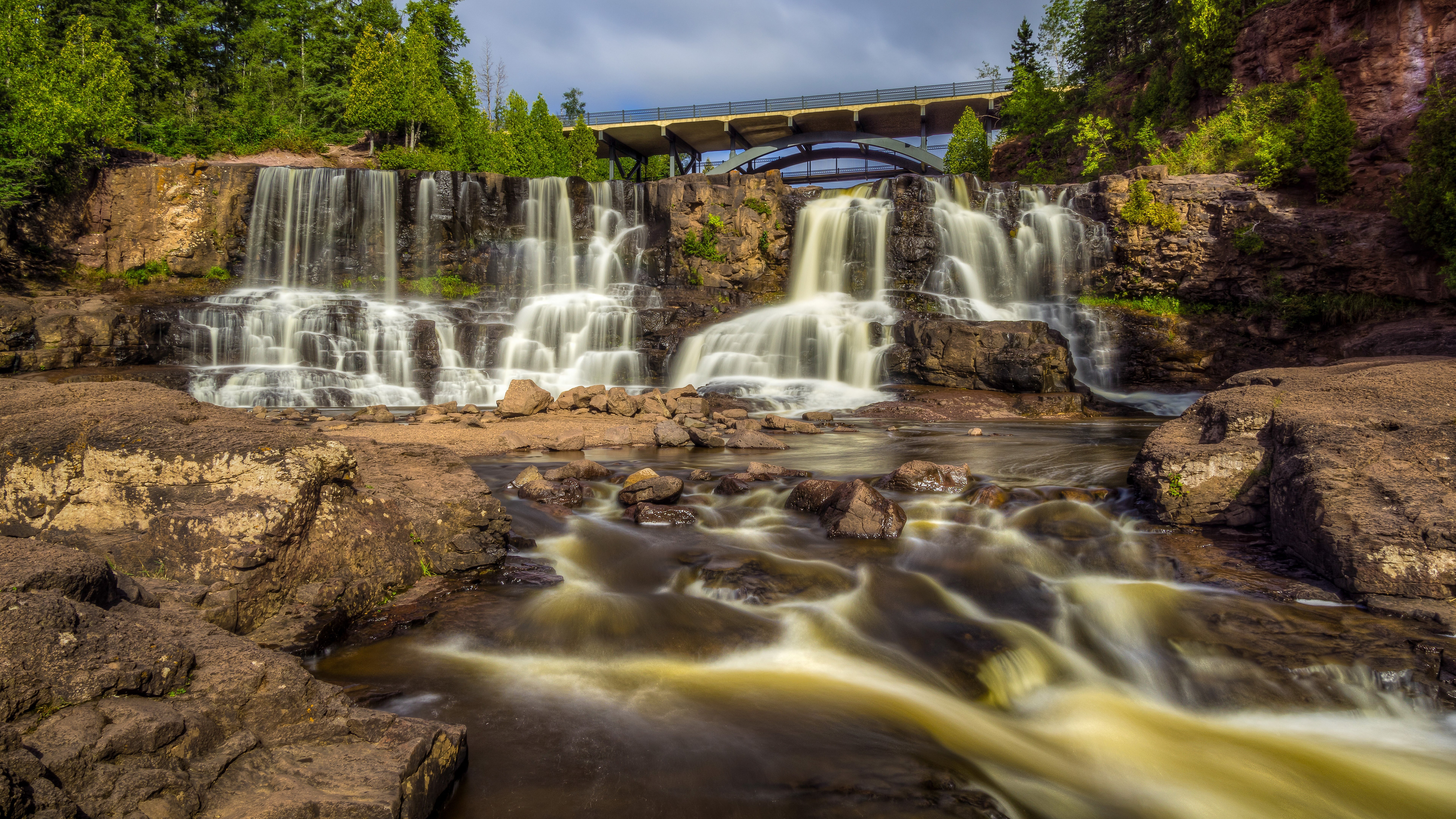 Gooseberry Falls State Park Waterfall with Bridge HD Wallpaper