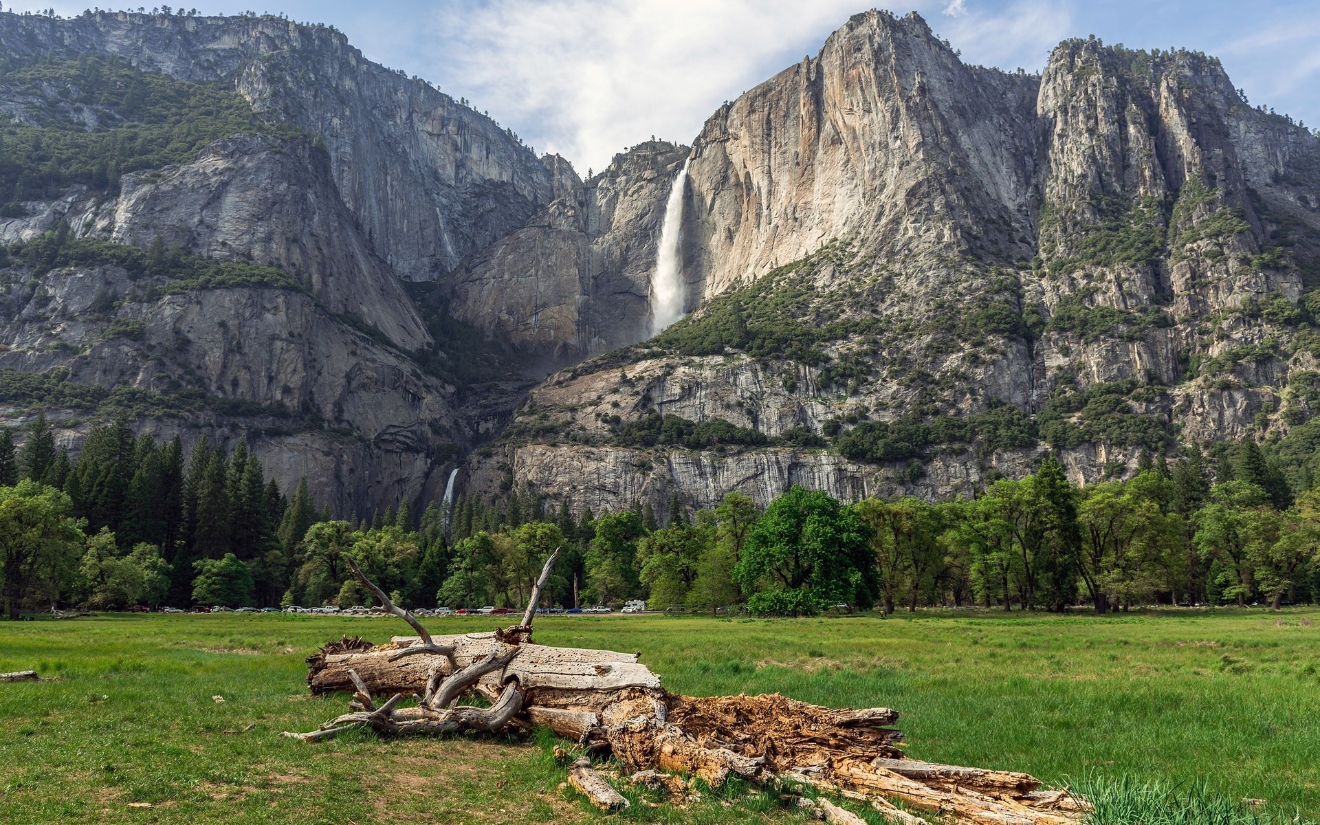 Yosemite Valley with waterfalls and fallen tree HD Wallpaper