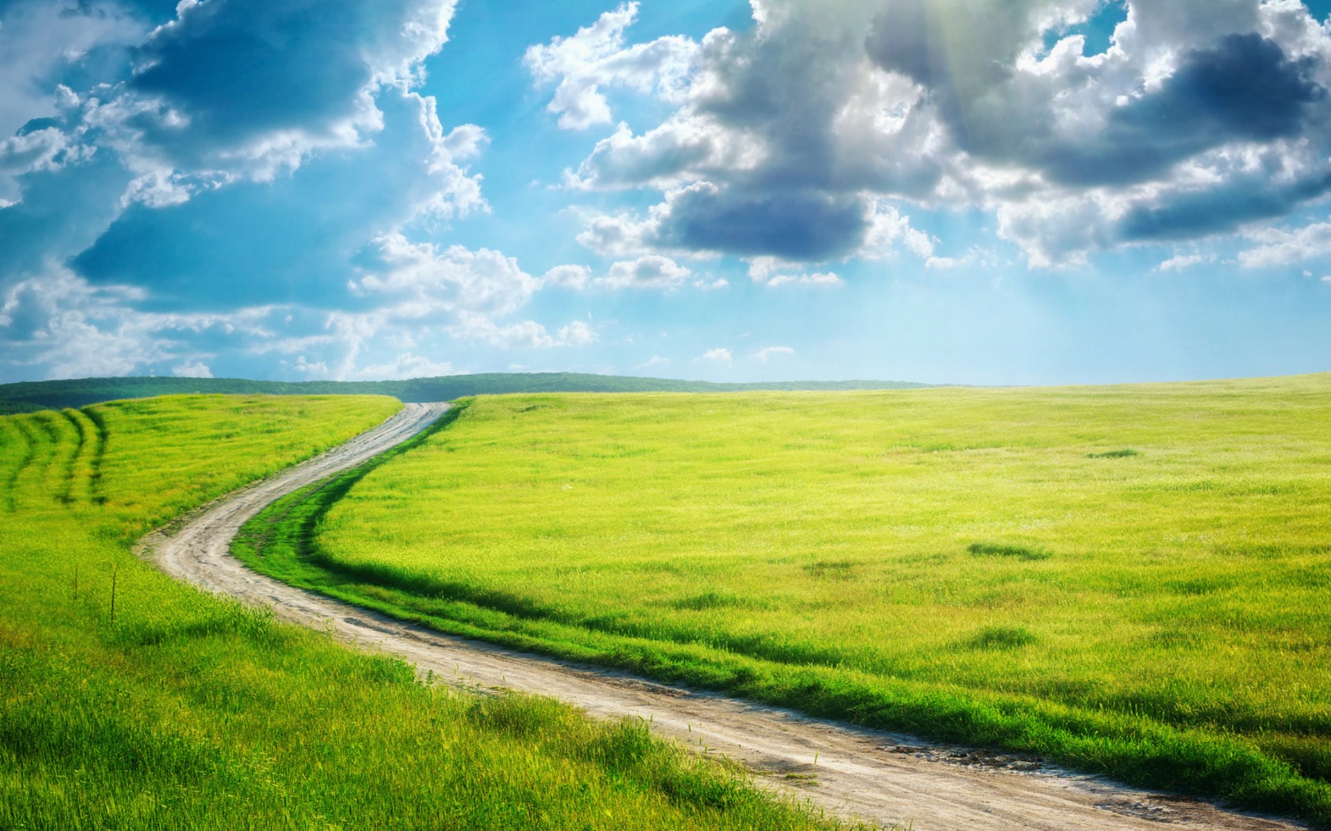 A winding dirt road through a green meadow under a cloudy sky HD Wallpaper