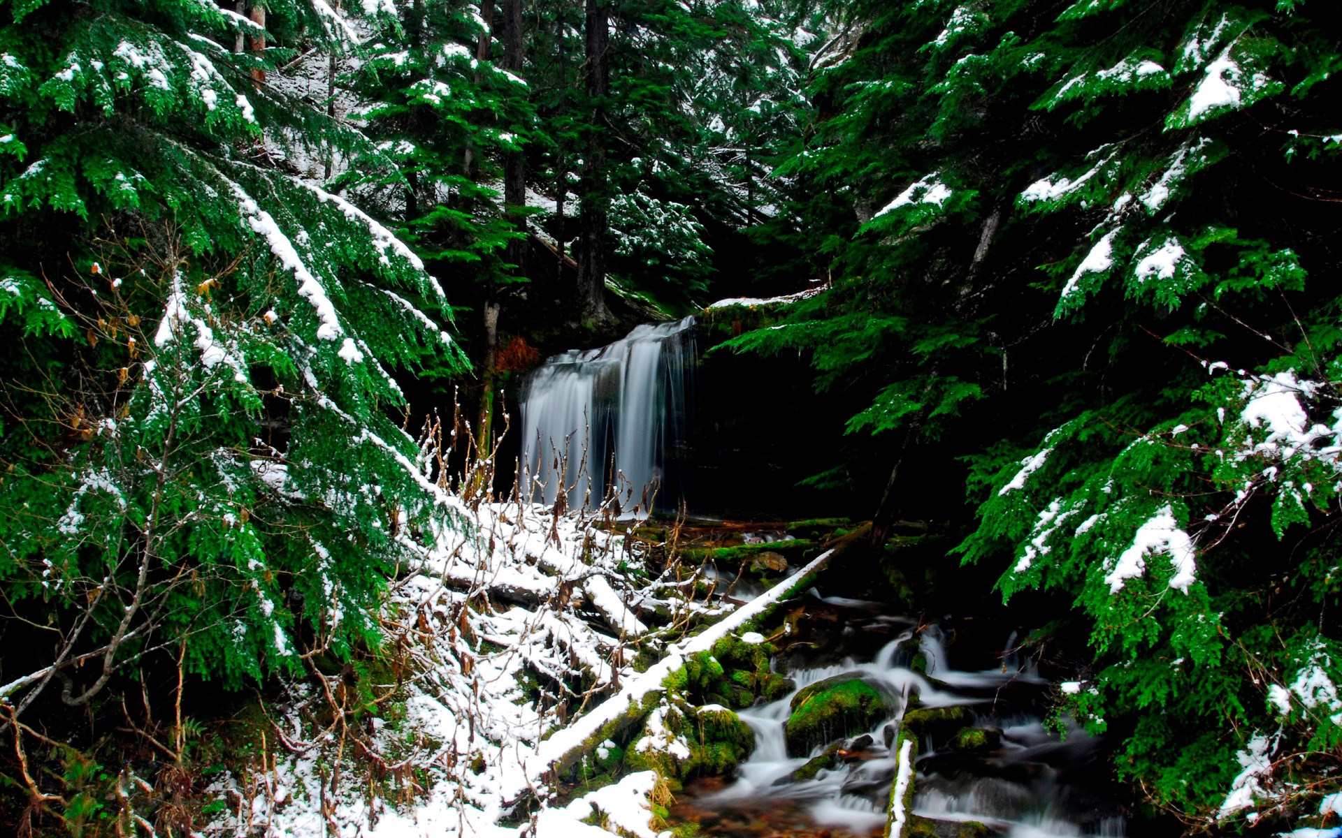 Snowy forest with a waterfall and stream HD Wallpaper