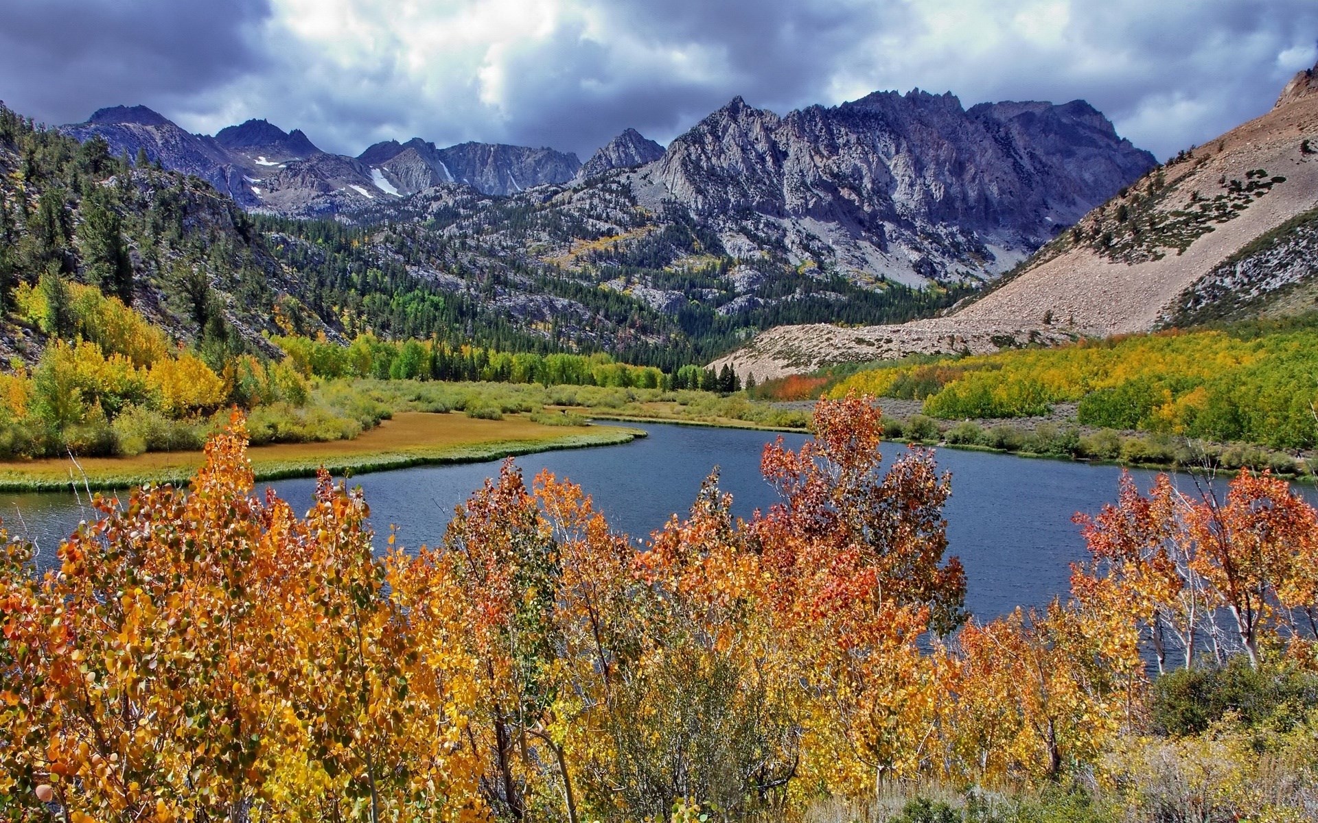 Autumn lake and mountains with colorful trees HD Wallpaper
