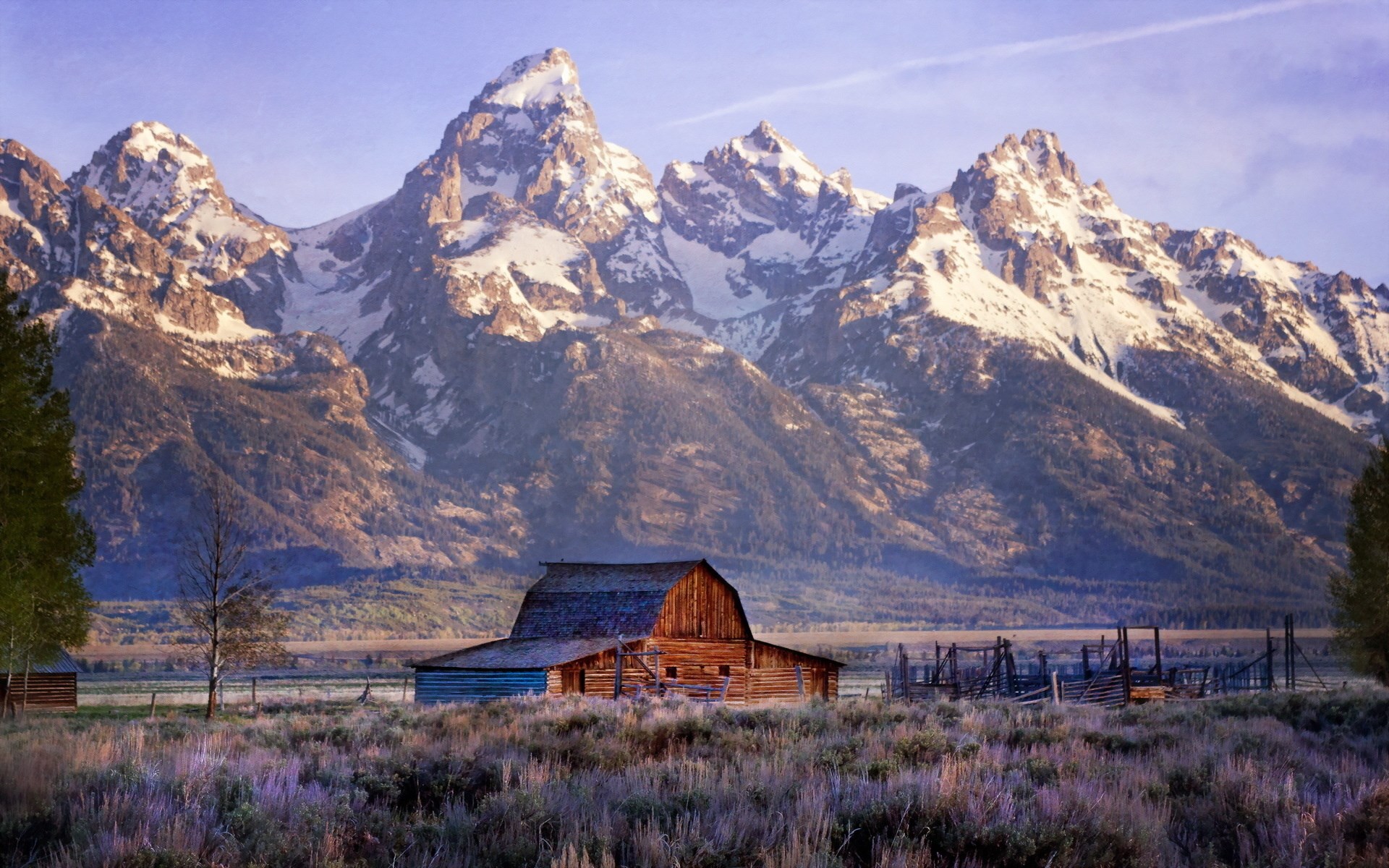 Wooden barn in front of snow-capped mountains HD Wallpaper