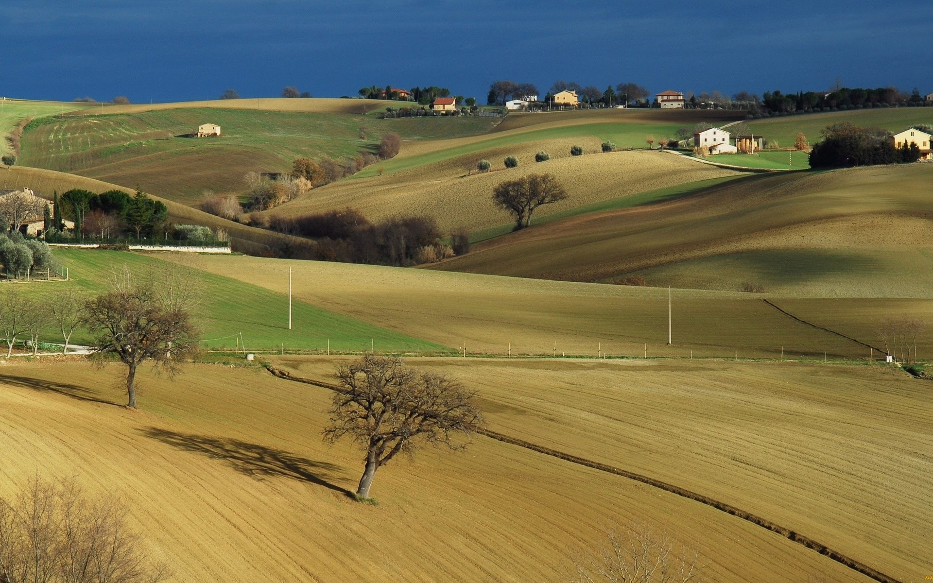 Rolling hills with fields and houses under a dark sky HD Wallpaper