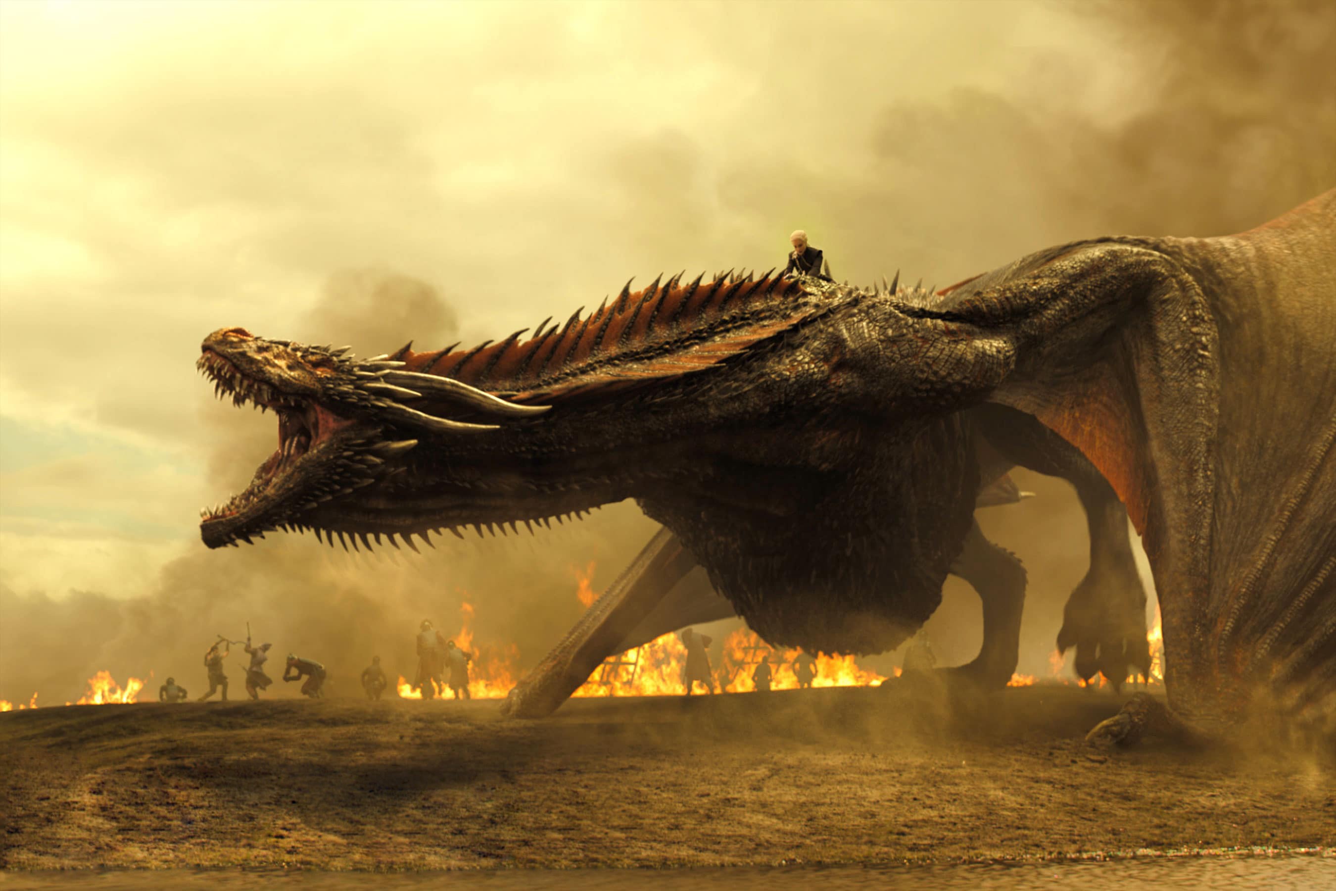 Daenerys Targaryen riding Drogon in battle HD Wallpaper