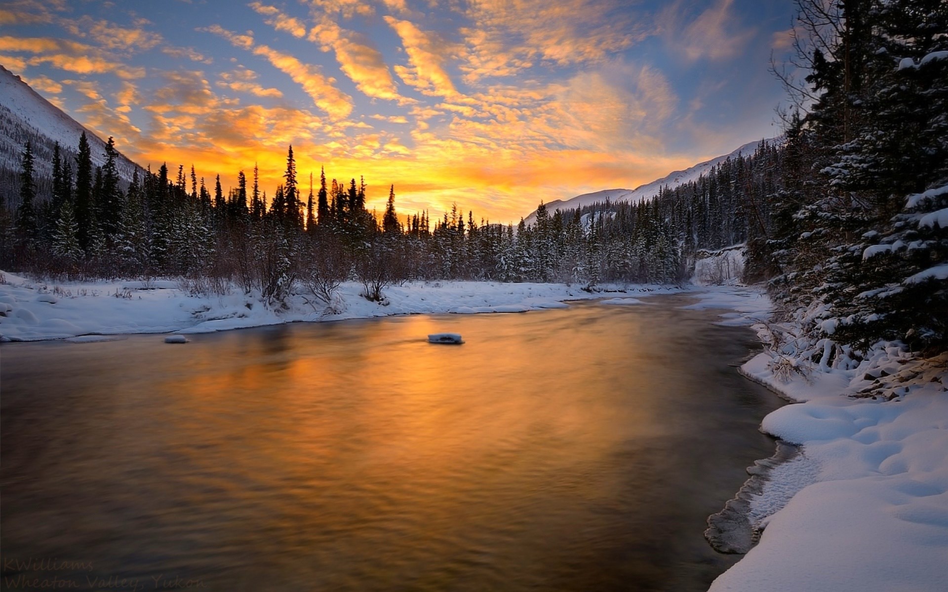 Winter river at sunset with snow-covered trees HD Wallpaper
