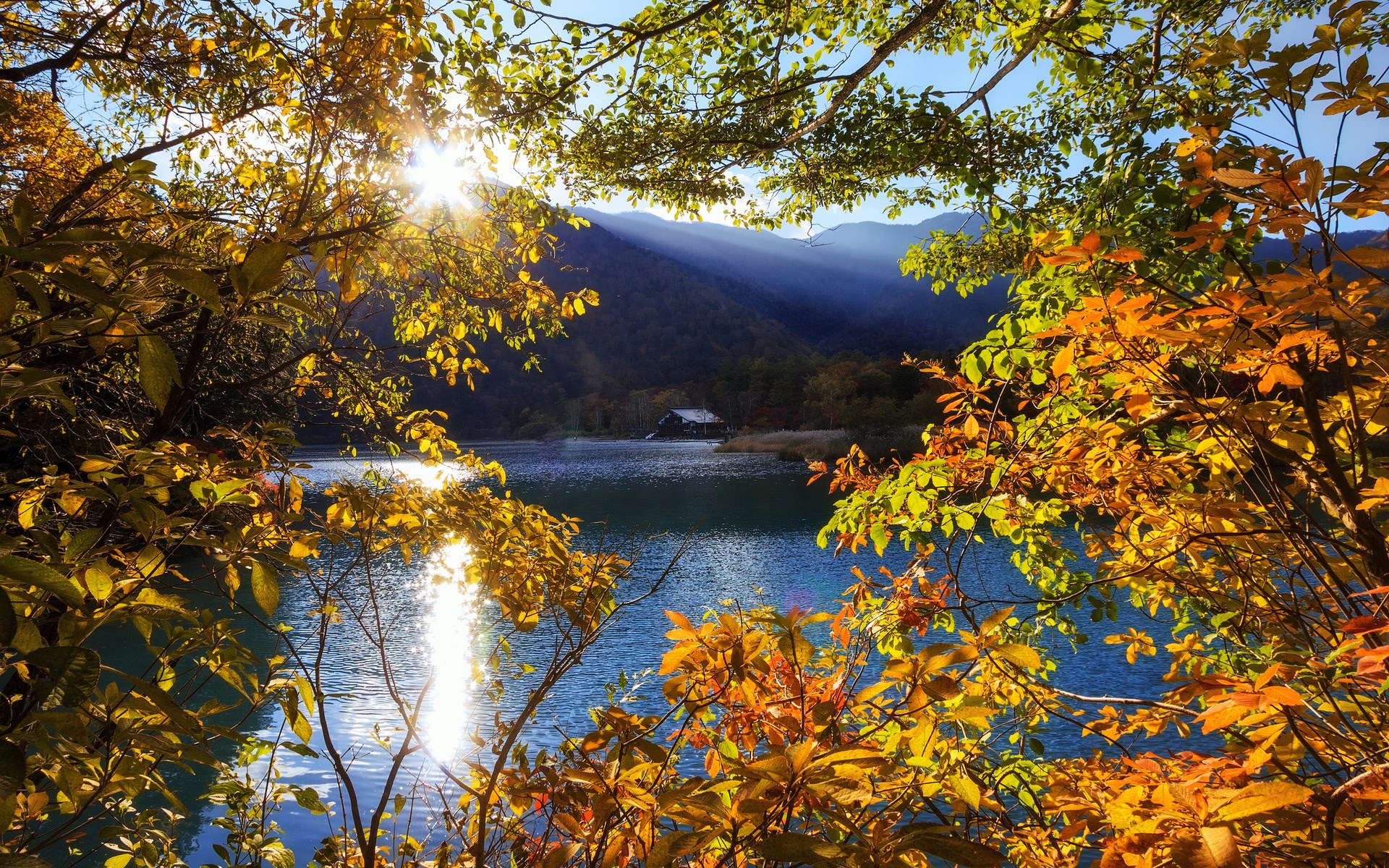 Autumn lake with sunbeams through trees and mountains HD Wallpaper