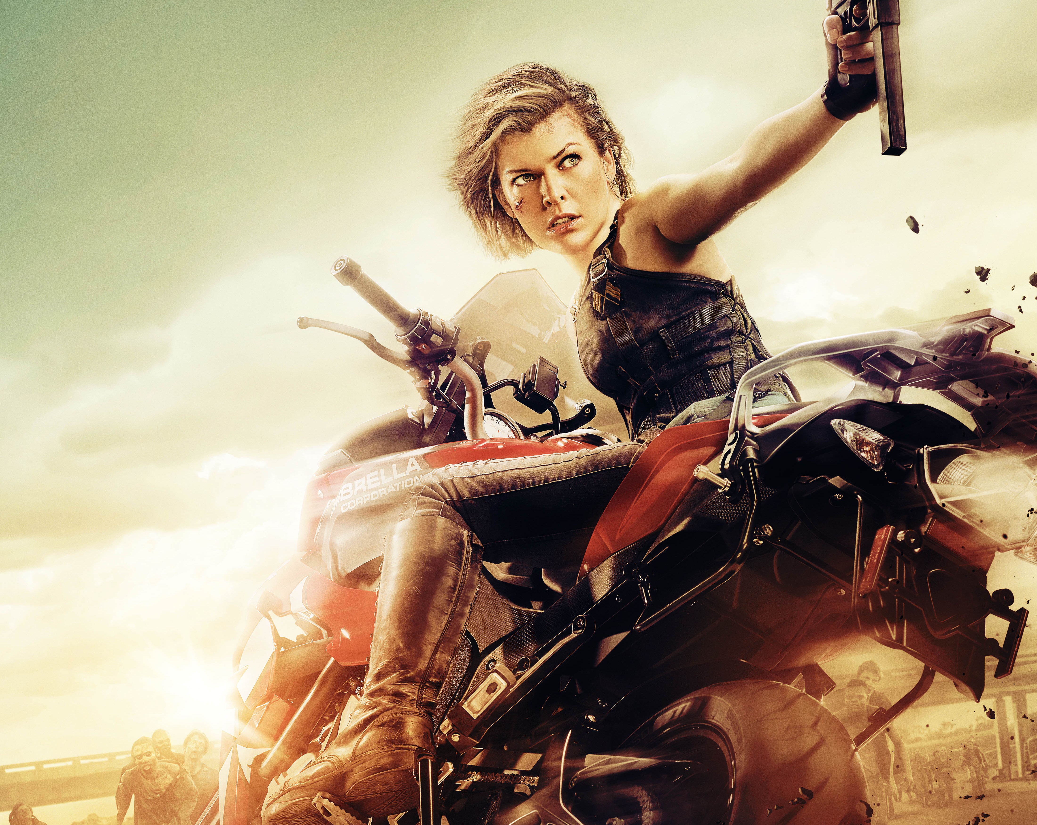 Milla Jovovich on a motorcycle with zombies HD Wallpaper