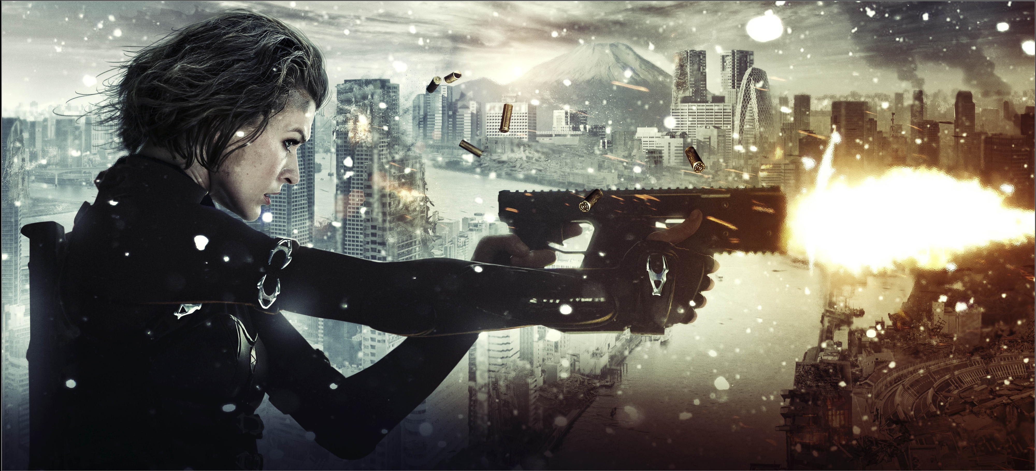 Milla Jovovich firing a gun in a city HD Wallpaper