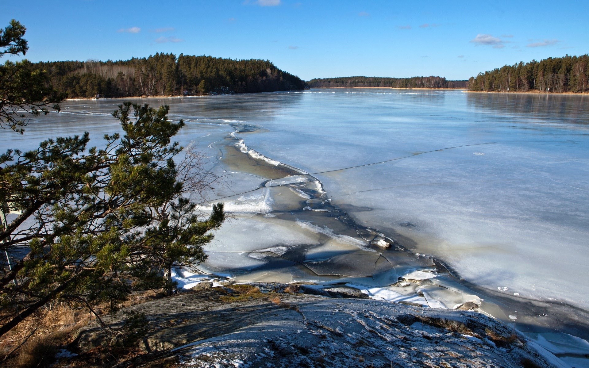 Frozen lake with trees and rocky shore HD Wallpaper