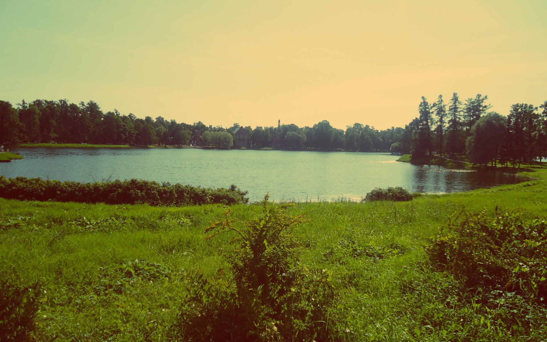 A serene lake surrounded by trees and green fields HD Wallpaper