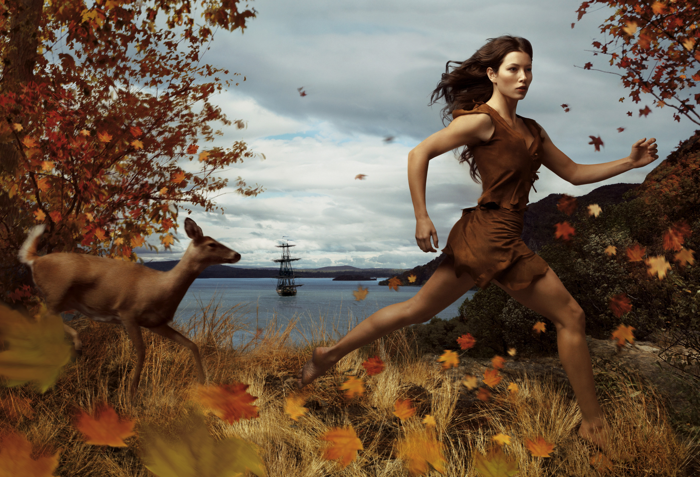 Jessica Biel running with a deer in autumn HD Wallpaper
