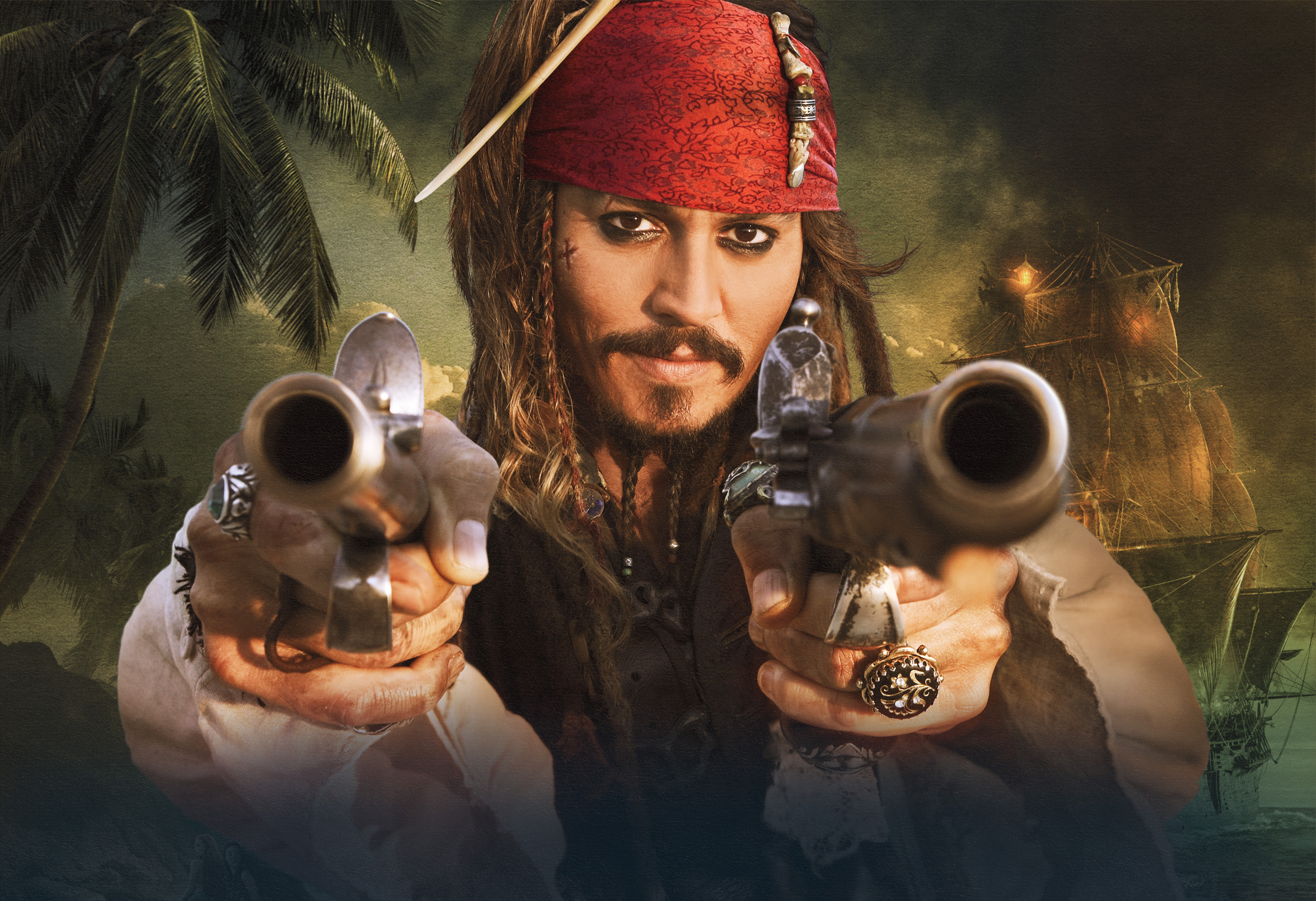Captain Jack Sparrow from Pirates of the Caribbean holding pistols HD Wallpaper