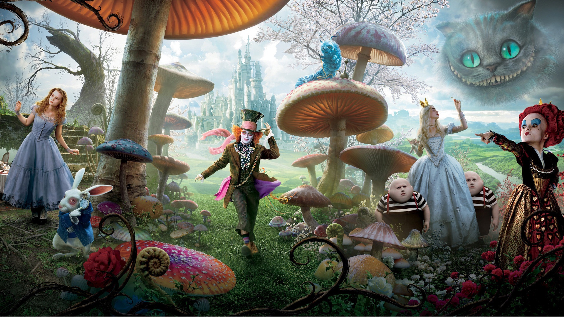 Alice in Wonderland characters in a fantasy forest HD Wallpaper