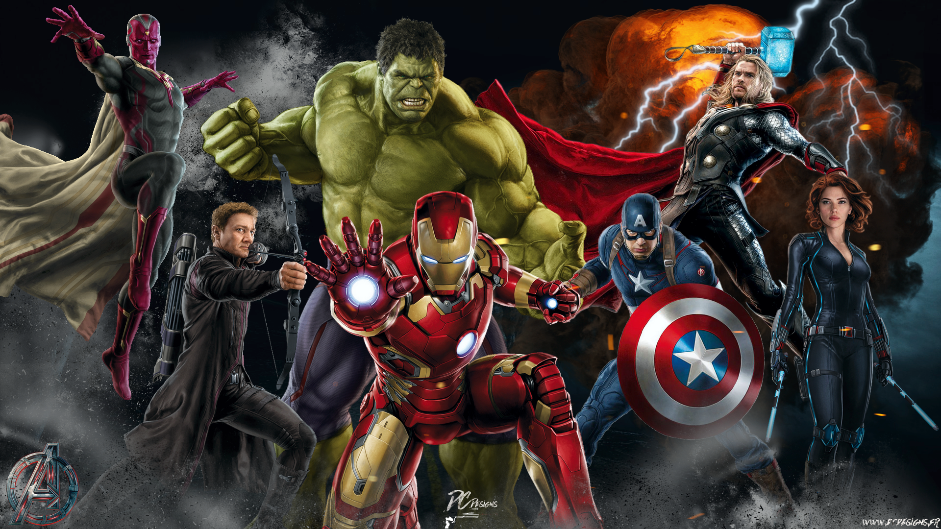 Avengers Assemble with Iron Man, Hulk, Thor, Captain America, Black Widow, Hawkeye, and Vision HD Wallpaper
