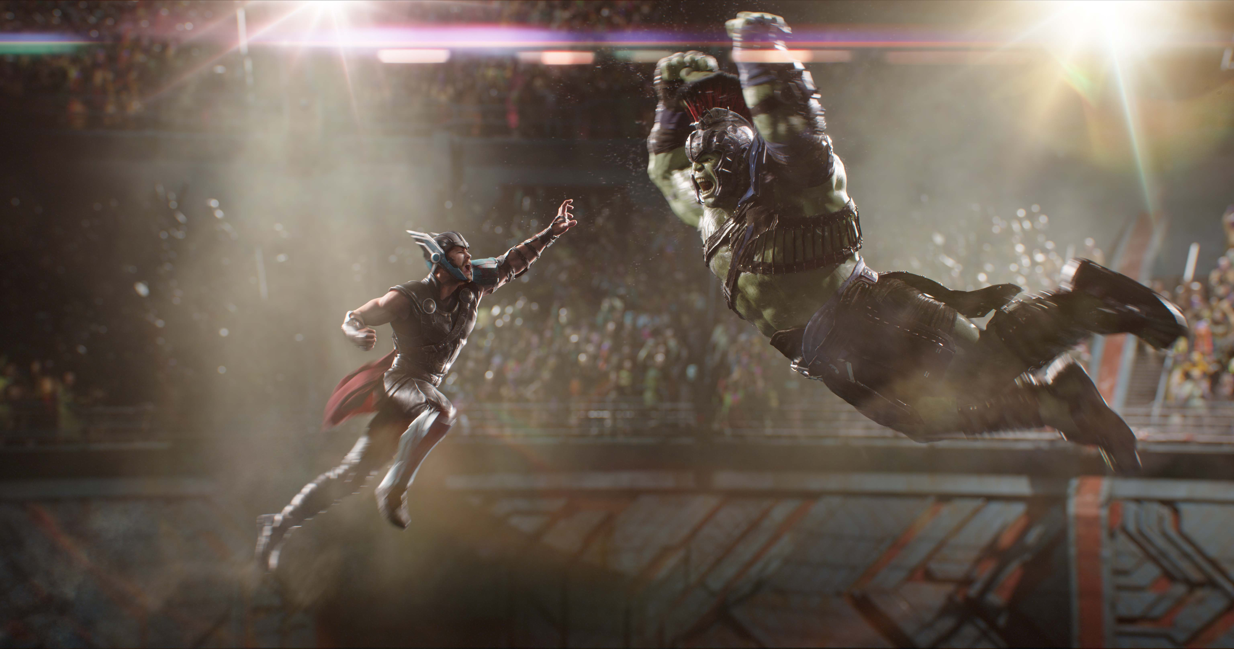 Thor and Hulk fighting in an arena HD Wallpaper