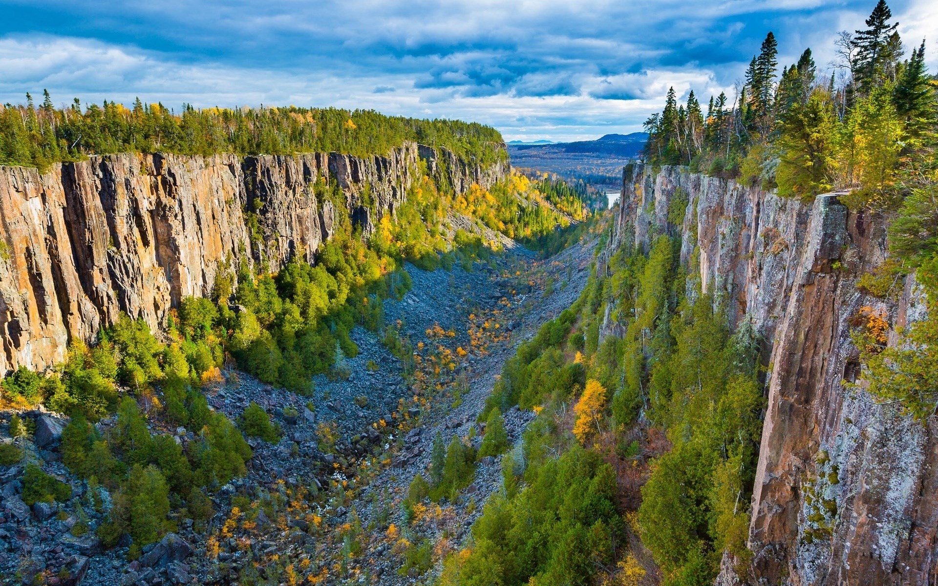 Rugged canyon with trees and rocky floor HD Wallpaper
